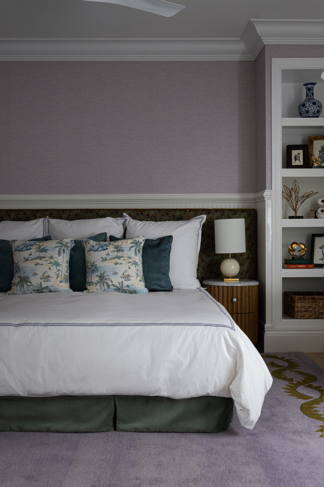 The soothing palette of a bedroom in a maximalist, eclectic Florida home designed by Mr Alex Tate