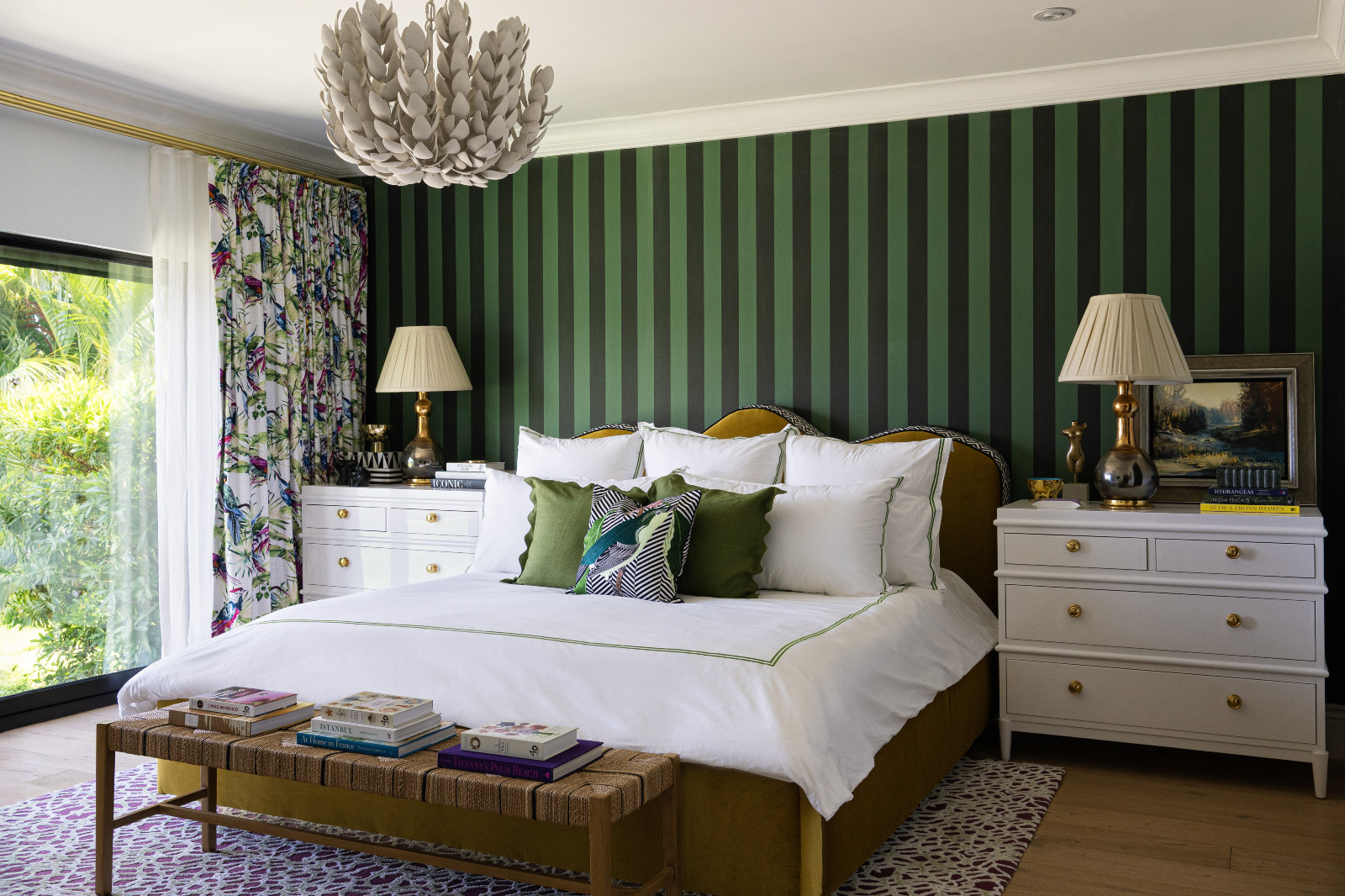 The primary bedroom in a maximalist, eclectic Florida home designed by Mr Alex Tate