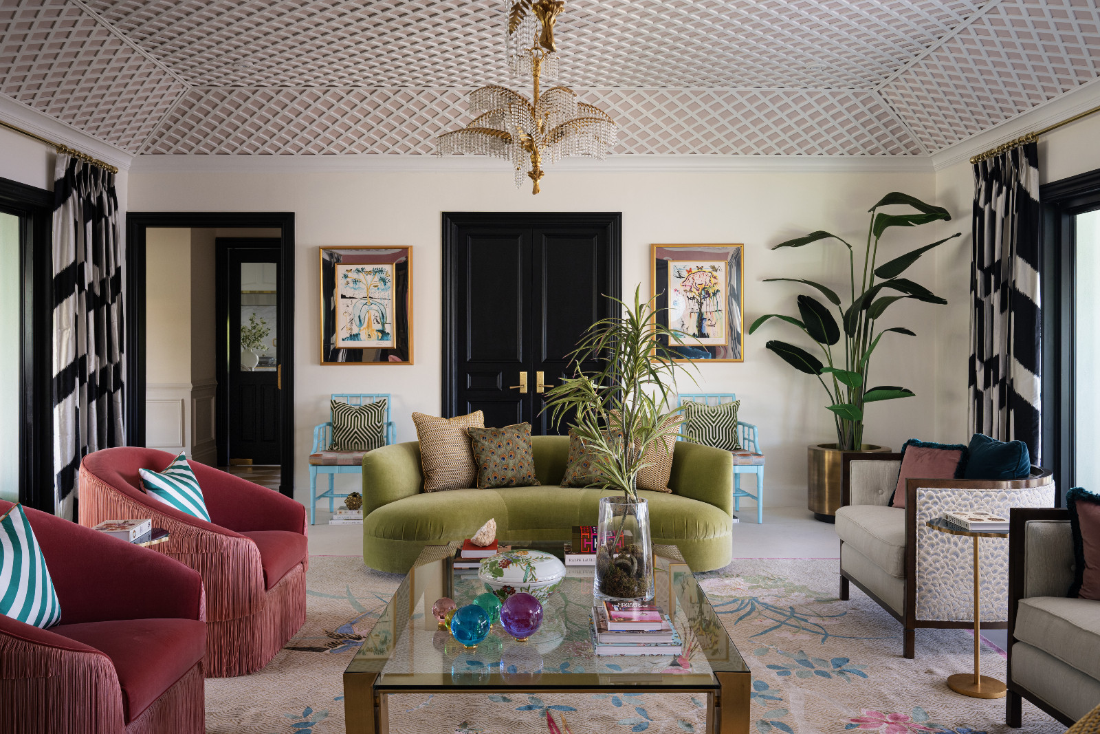 The playful textures of the living room in a maximalist, eclectic Florida home designed by Mr Alex Tate
