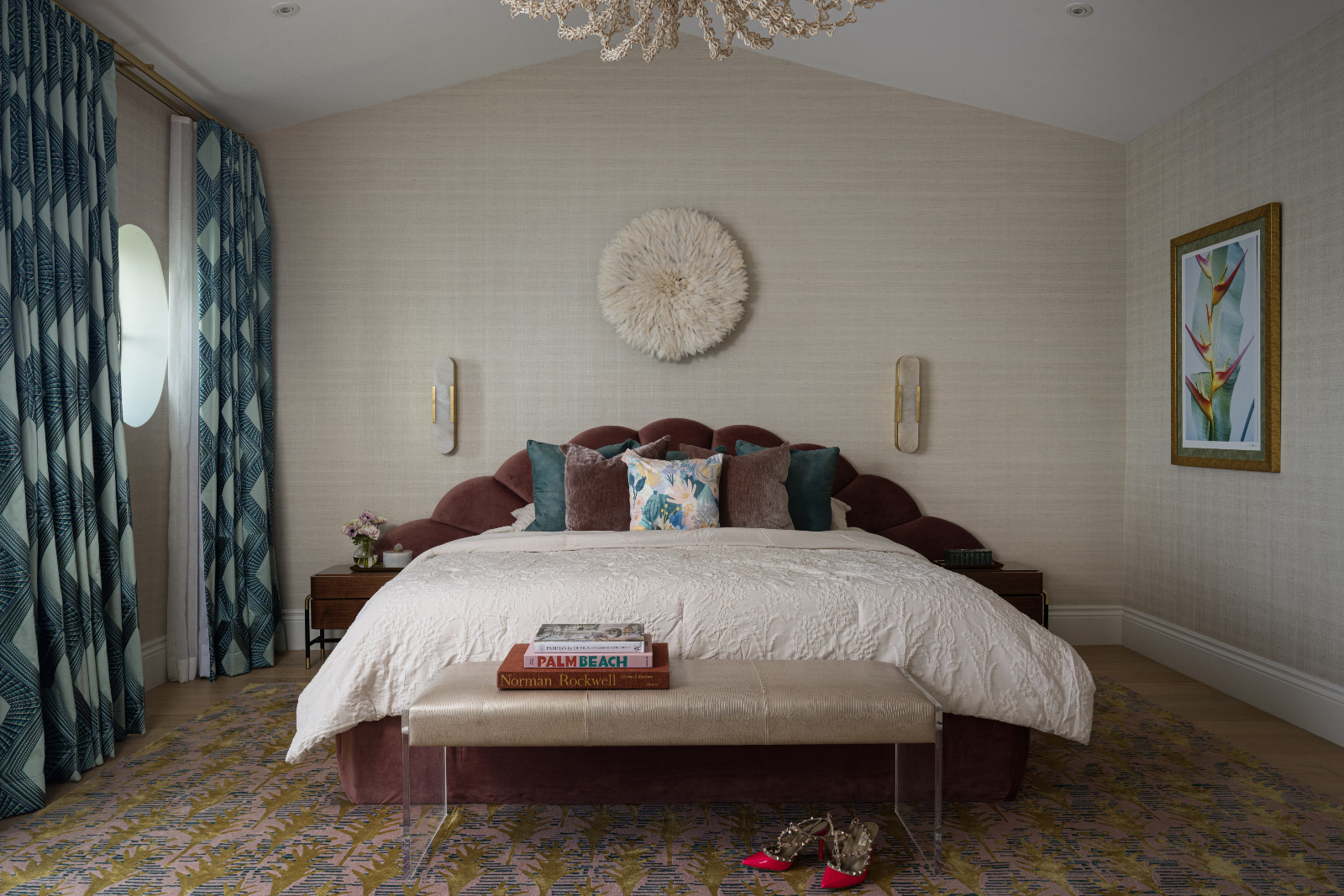 The playful textures of the bedroom in a maximalist, eclectic Florida home designed by Mr Alex Tate