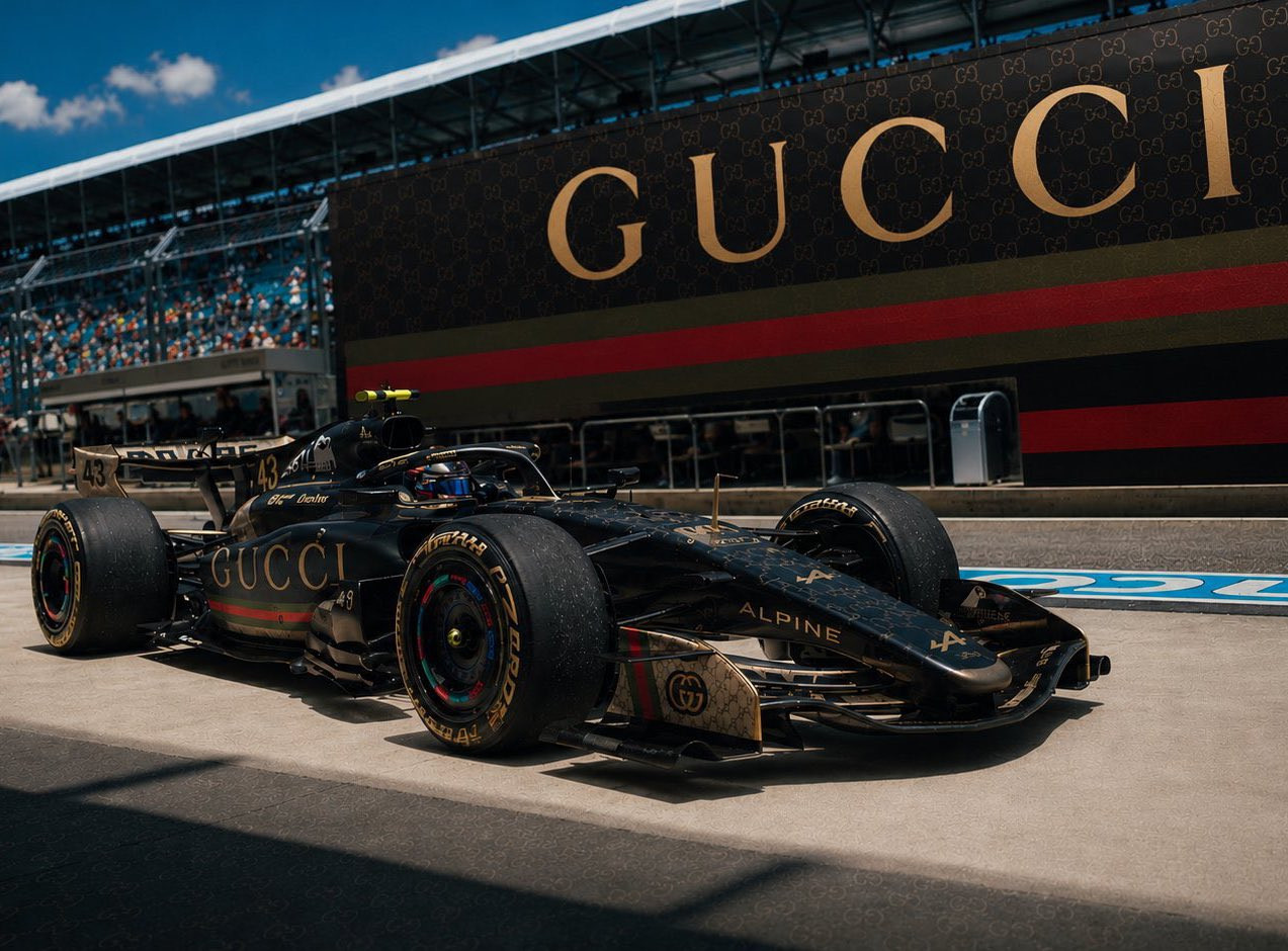 This is a hypothetical Gucci livery on the Alpine F1 car