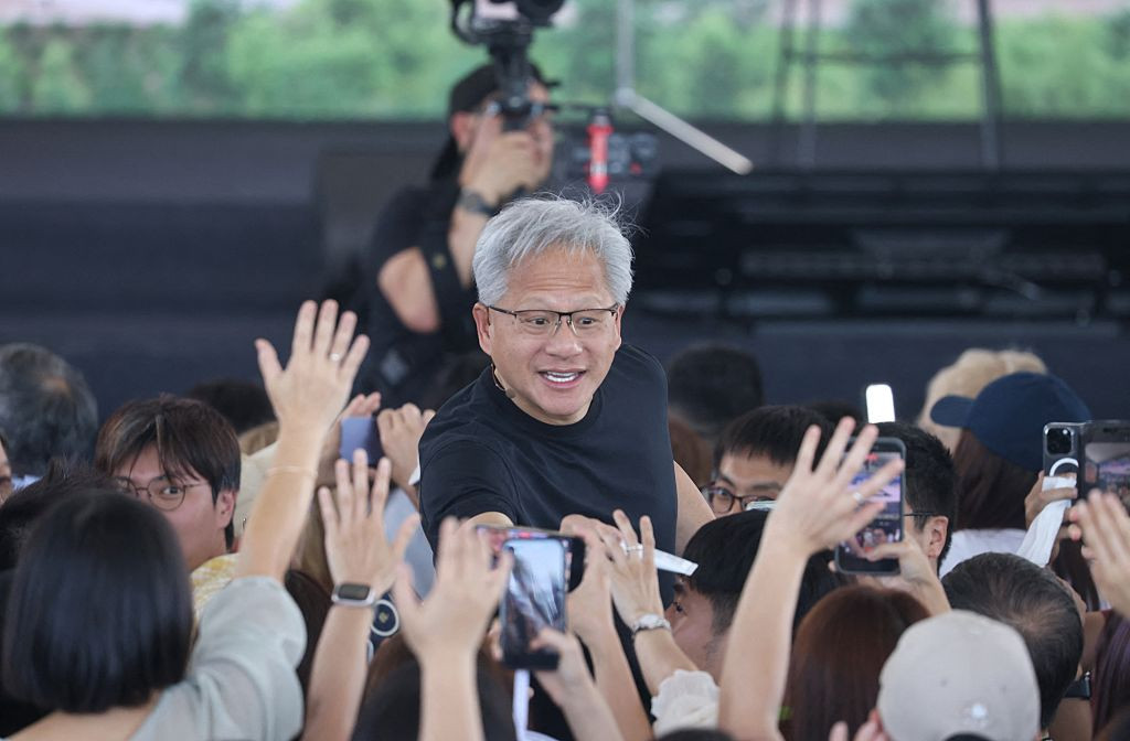 Nvidia CEO Jensen Huang attends the company wide convention at their T17 and T18 plots in Shilin-Beitou Technology Park in Taipei on May 27, 2026 (Photo by I-Hwa Cheng / AFP via Getty Images)