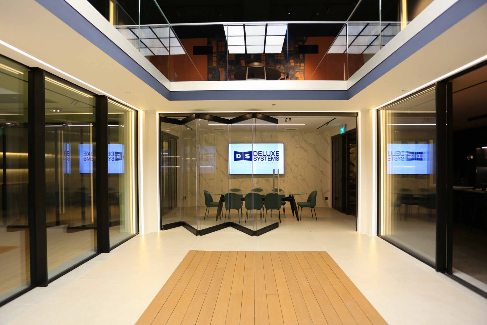 The main double-volume space opens up to the mezzanine level