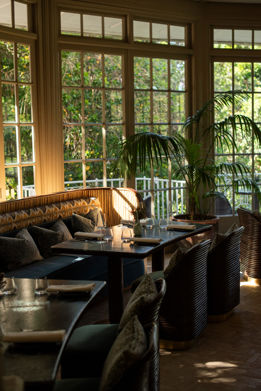A conservatory dining room at Amura looking out to garden planting through gridded windows, with a ribbed banquette in gold and ochre ikat, dark cylindrical chairs with brass bases and tropical potted palms (Photo: Claire Gunn)