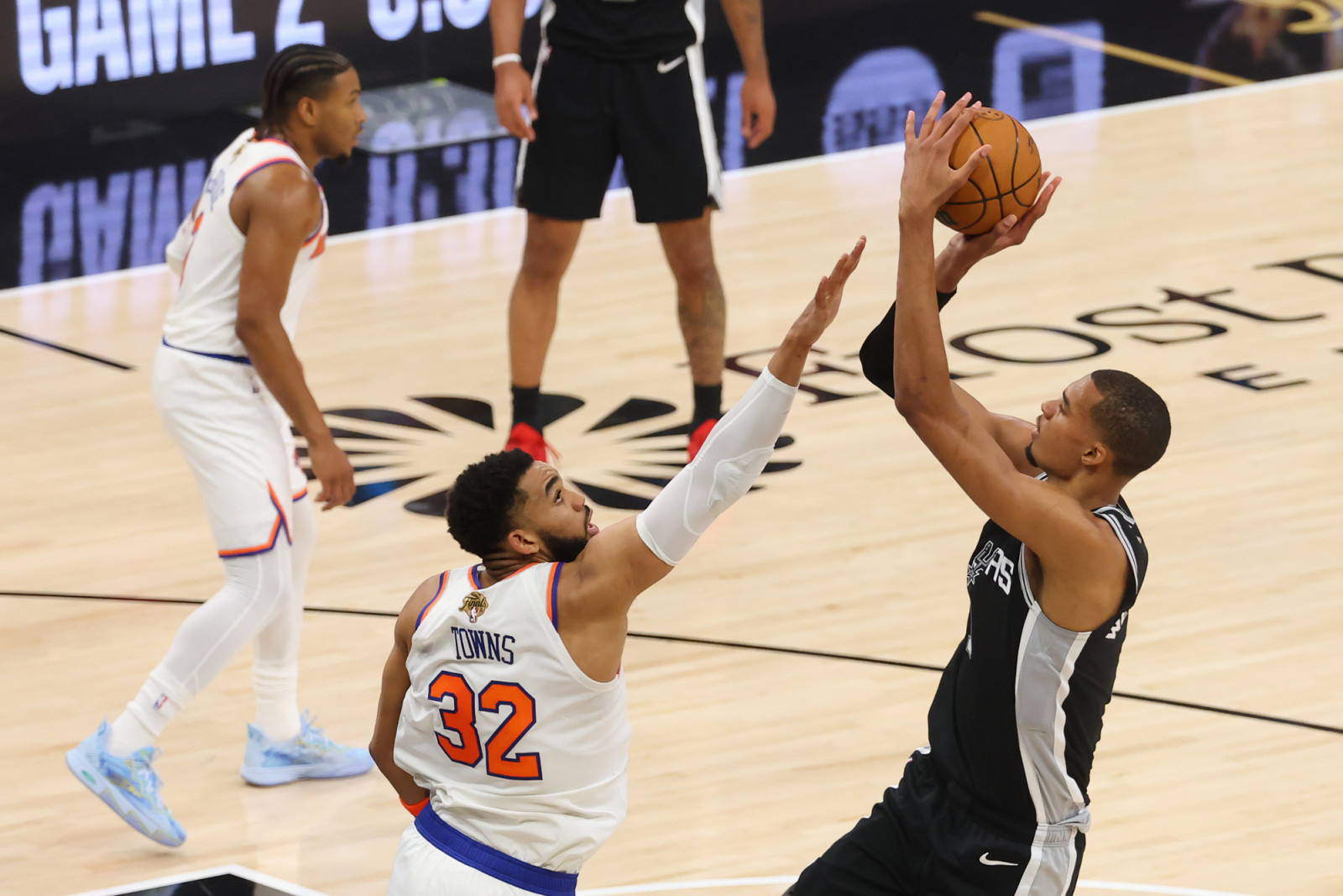 SAN ANTONIO, TEXAS - JUNE 03: Victor Wembanyama #1 of the San Antonio Spurs shoots the ball against Karl-Anthony Towns #32 of the New York Knicks during the first quarter in Game One of the 2026 NBA Finals at Frost Bank Center on June 03, 2026 in San Antonio, Texas. NOTE TO USER: User expressly acknowledges and agrees that, by downloading and or using this photograph, User is consenting to the terms and conditions of the Getty Images License Agreement. (Photo by Gregory Shamus/Getty Images)