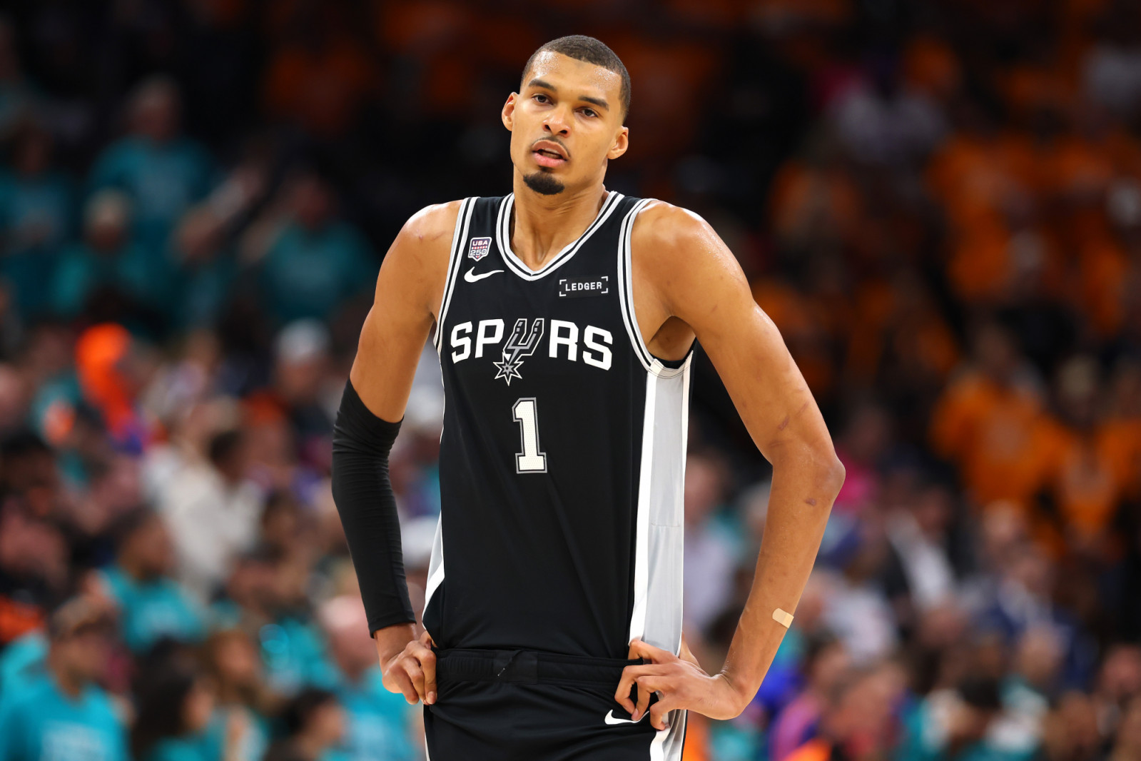 SAN ANTONIO, TEXAS - JUNE 03: Victor Wembanyama #1 of the San Antonio Spurs reacts during the fourth quarter against the New York Knicks in Game One of the 2026 NBA Finals at Frost Bank Center on June 03, 2026 in San Antonio, Texas. NOTE TO USER: User expressly acknowledges and agrees that, by downloading and or using this photograph, User is consenting to the terms and conditions of the Getty Images License Agreement. (Photo by Gregory Shamus/Getty Images)