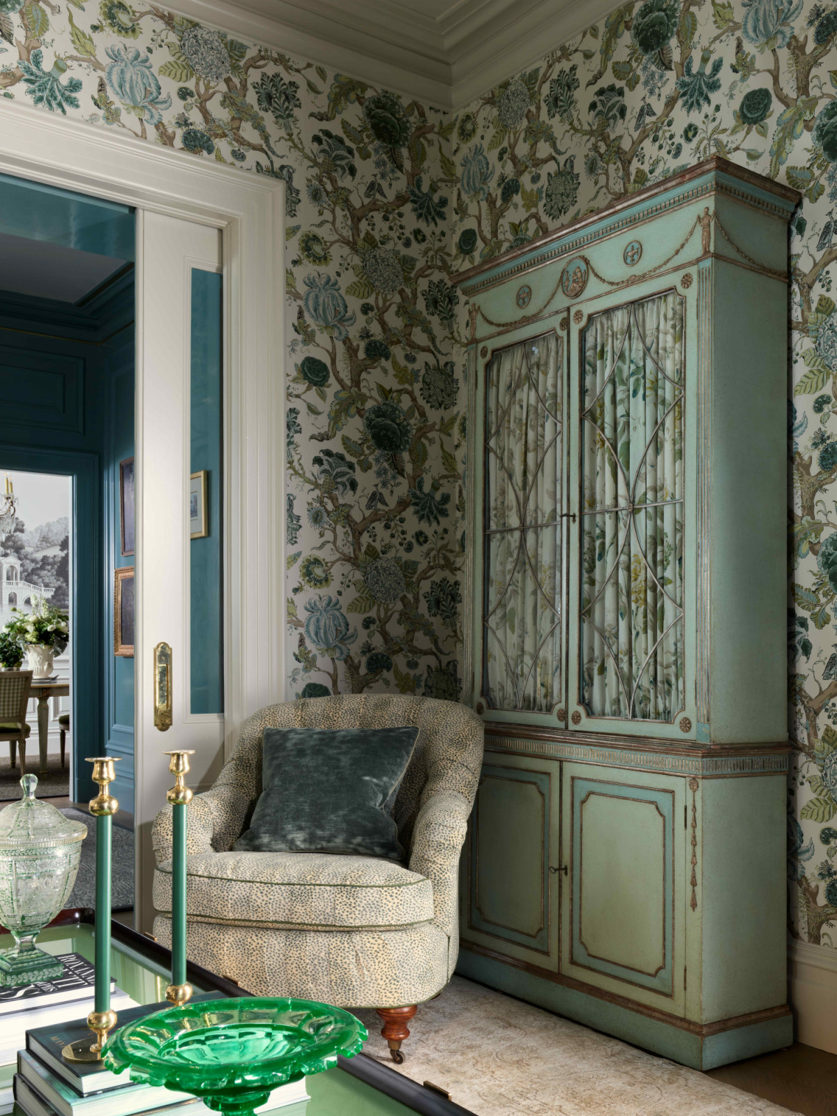 Verdant Lee Jofa wallpaper decorates the space