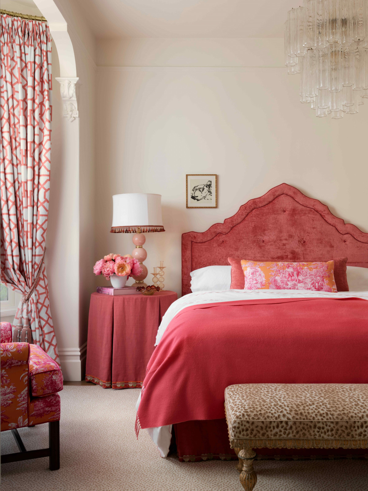 The primary bedroom suite in romantic blush pink