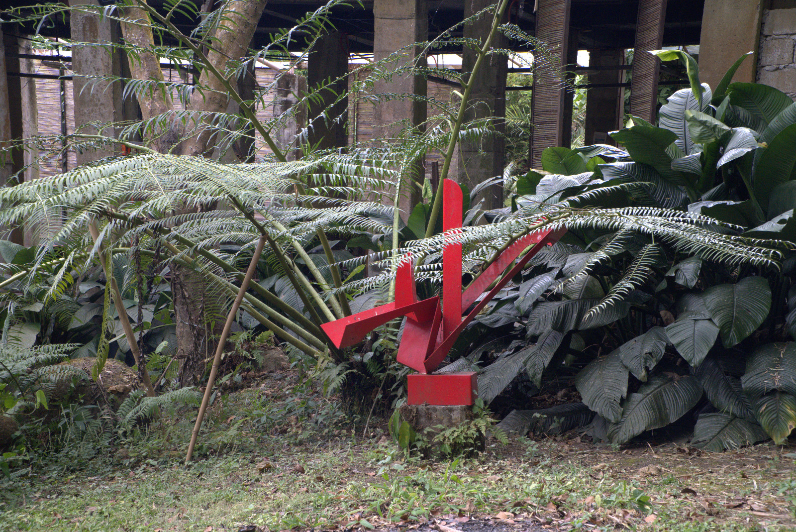 A sculpture adds a bright pop of colour