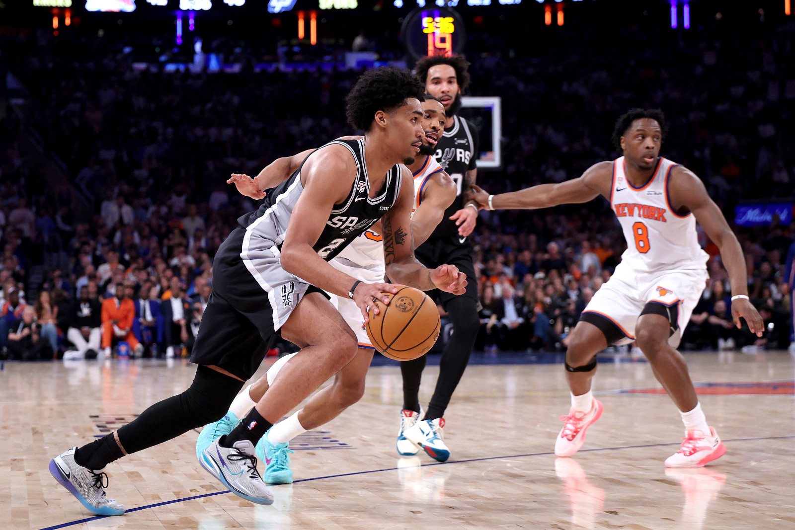 Dylan Harper #2 of the San Antonio Spurs drives into the paint during the second quarter against the New York Knicks in Game Three of the 2026 NBA Finals at Madison Square Garden on June 08, 2026 in New York City (Photo: Al Bello/Getty Images)
