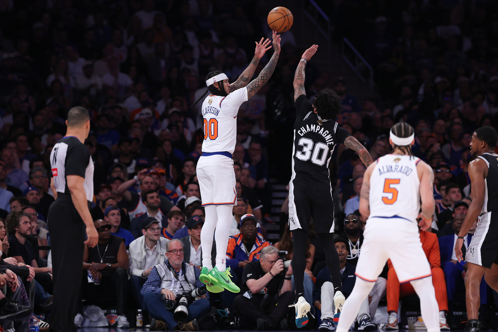 Jordan Clarkson #00 of the New York Knicks shoots the ball over Julian Champagnie #30 of the San Antonio Spurs during the second quarter in Game Three of the 2026 NBA Finals at Madison Square Garden on June 08, 2026 in New York City (Photo: Al Bello/Getty Images)