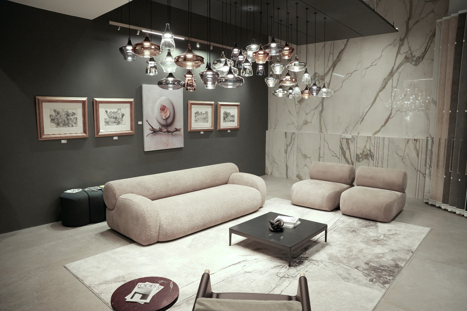 A vignette of varying textures and atmospheric lighting at Lodes by The Tile Gallery