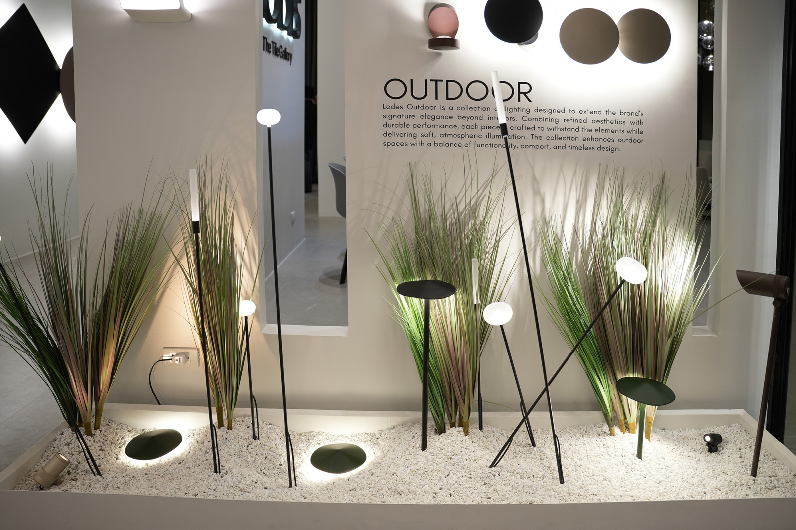 Outdoor lighting options line the space of Lodes by The Tile Gallery