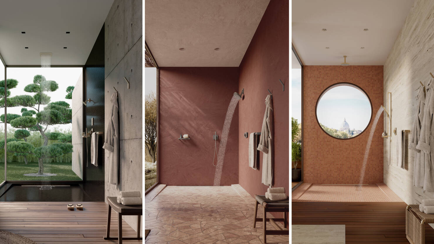 Three global bathroom vignettes, designed by Antonio Citterior for AXOR
