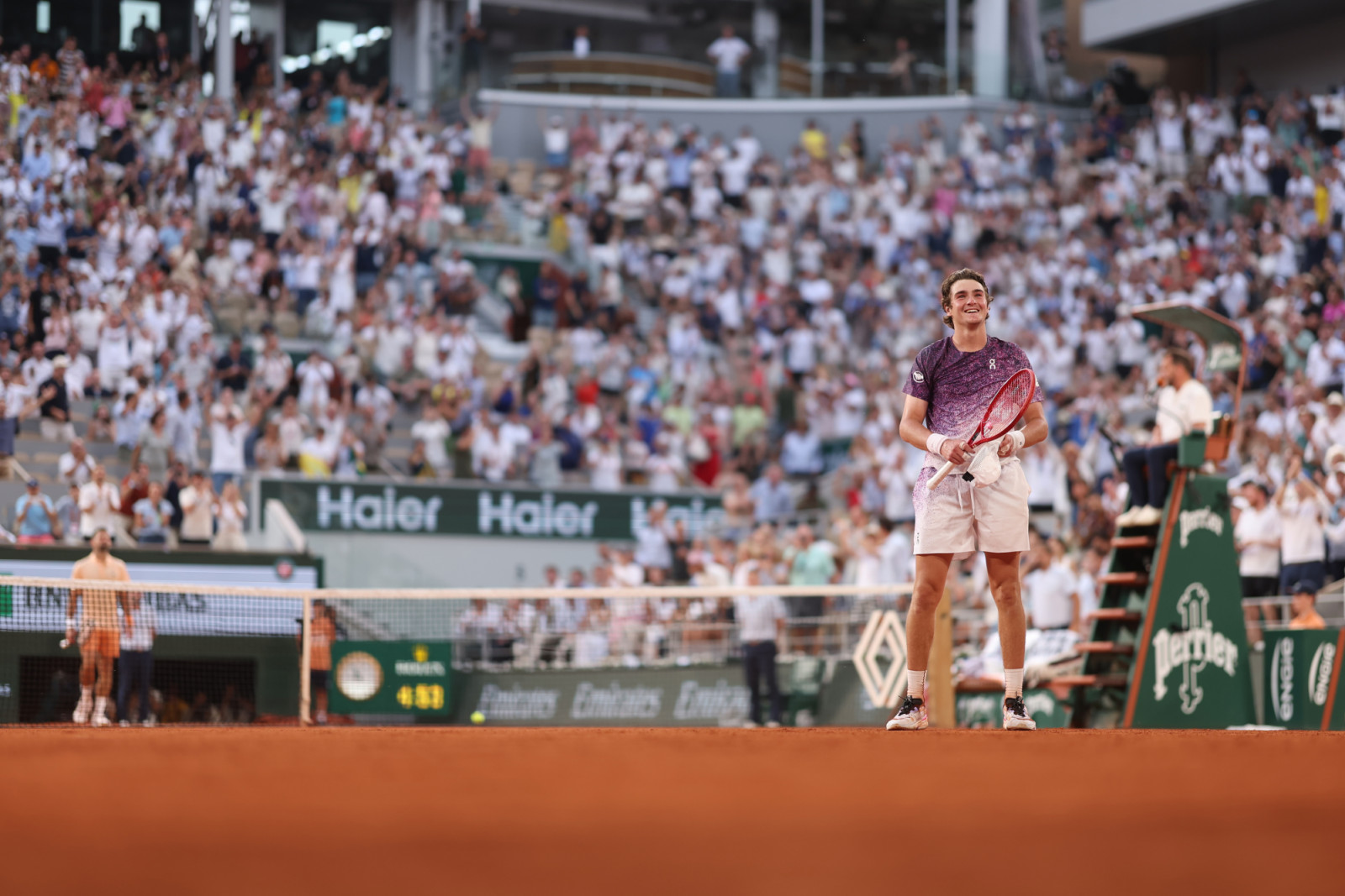 Joao Fonseca (Bra) in action during his 3rd round men's singles match against Novak Djokovic (Ser) on day six at Roland-Garros.