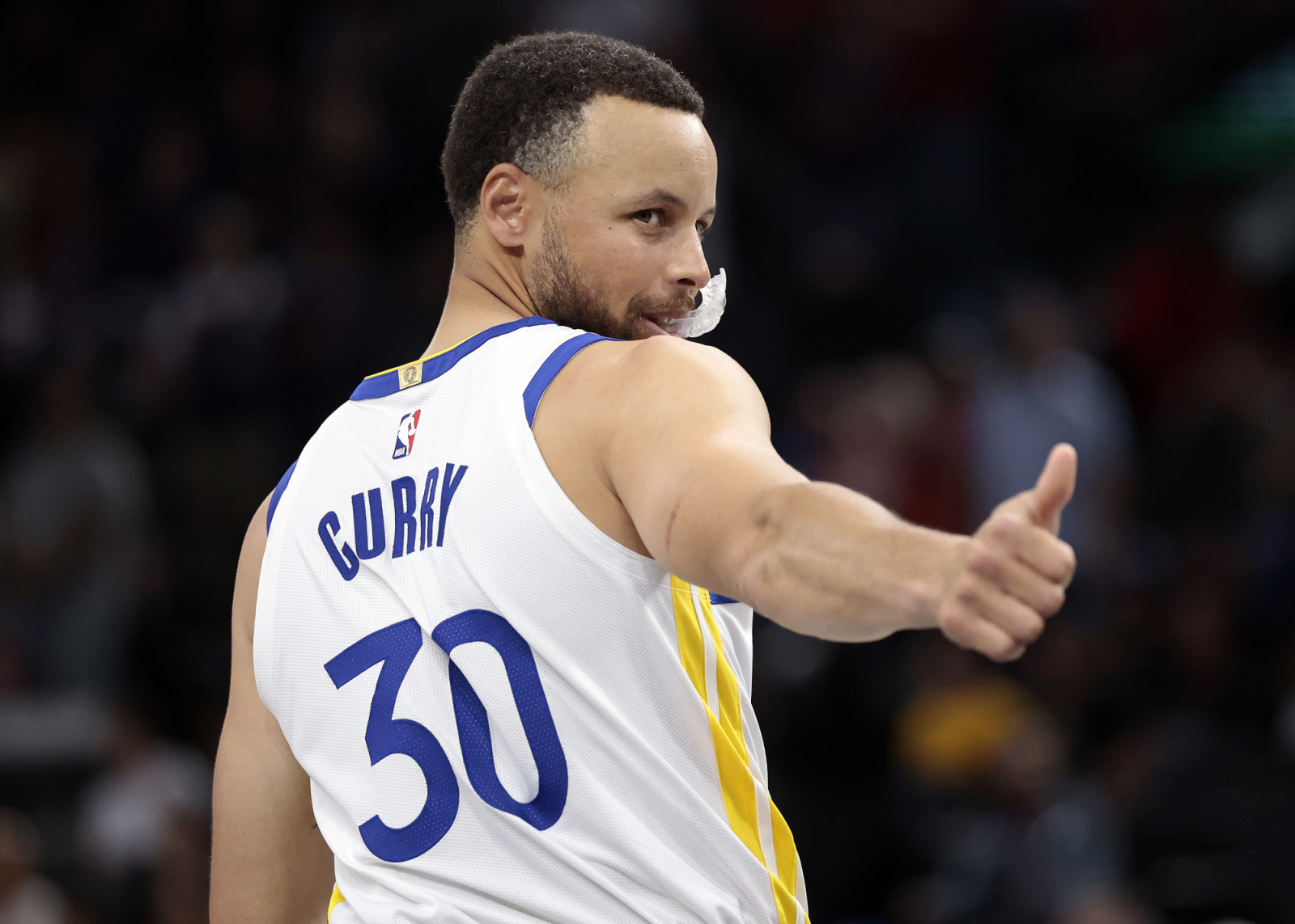 INGLEWOOD, CALIFORNIA - APRIL 15: Stephen Curry #30 of the Golden State Warriors reacts during play against the Los Angeles Clippers in the first half of an NBA play-in tournament game at Intuit Dome on April 15, 2026 in Inglewood, California.   NOTE TO USER: User expressly acknowledges and agrees that, by downloading and or using this photograph, User is consenting to the terms and conditions of the Getty Images License Agreement. (Photo by Ronald Martinez/Getty Images)