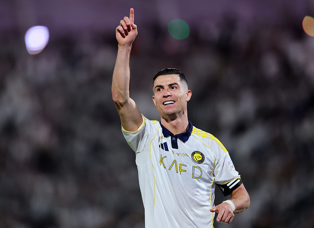 Football star Cristiano Ronaldo celebrates scoring during the Saudi Pro League in Riyadh, Saudi Arabia. (Photo: Abdullah Ahmed/Getty Images)