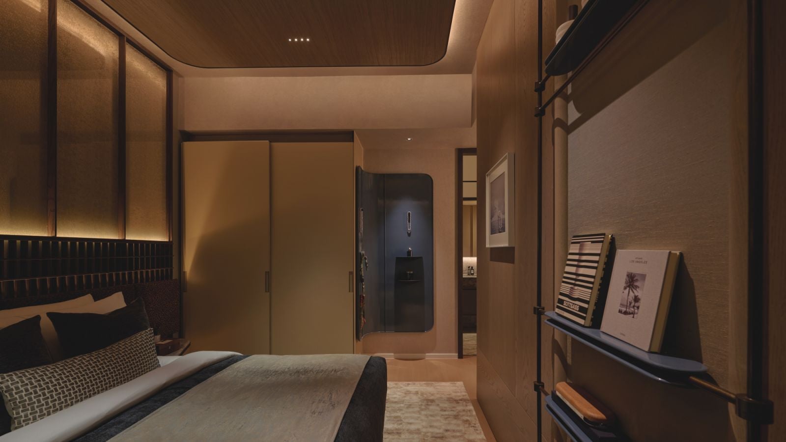 Tactile fabrics and moody lighting bring intimacy to the bedroom, where clean lines and soft contrasts make for a calming sanctuary