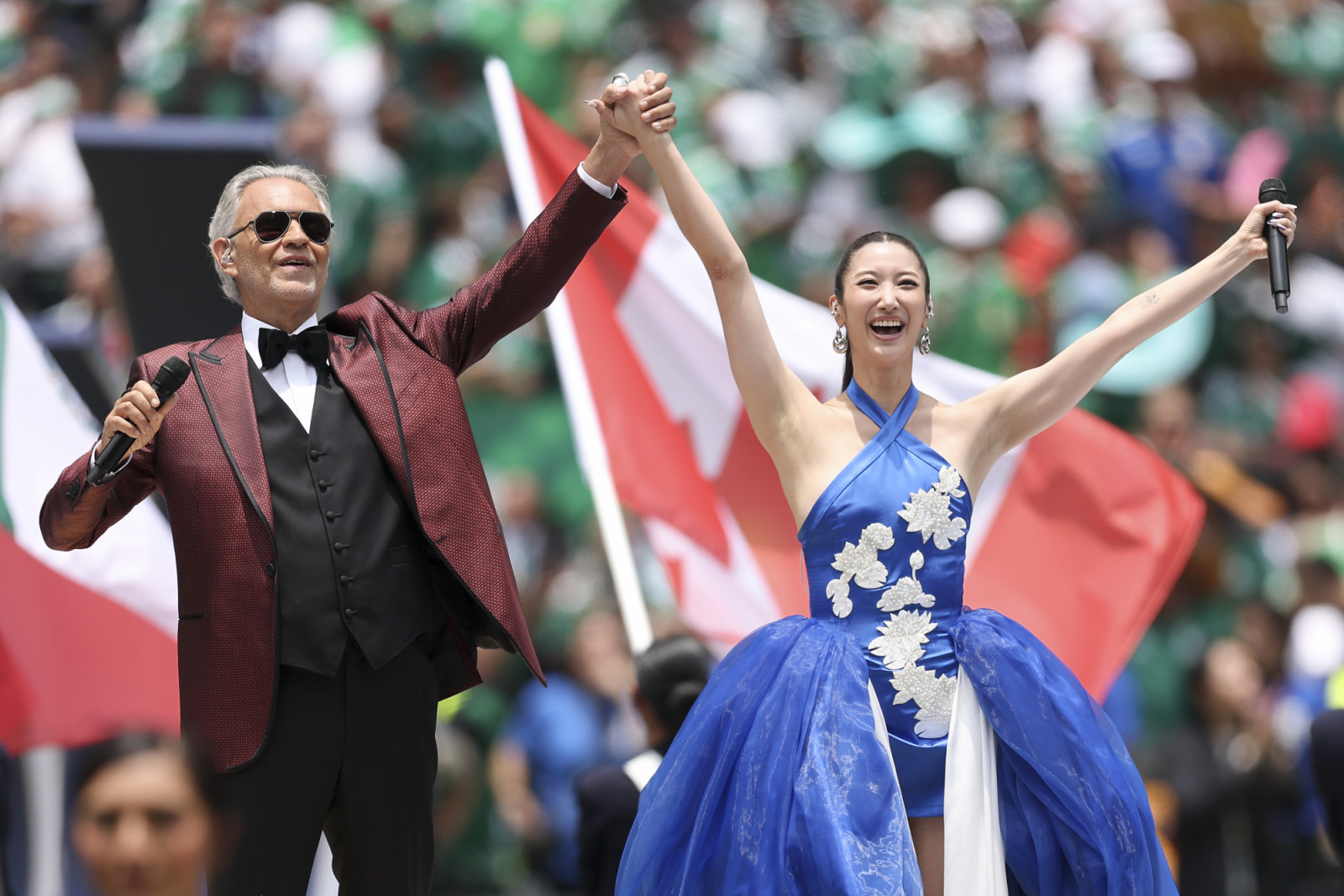 MEXICO CITY, MEXICO - JUNE 11: Andrea Bocelli and EJAE perform during the FIFA World Cup 2026 Group A match between Mexico and South Africa at Mexico City Stadium on June 11, 2026 in Mexico City, Mexico. (Photo by Luke Hales/Getty Images)