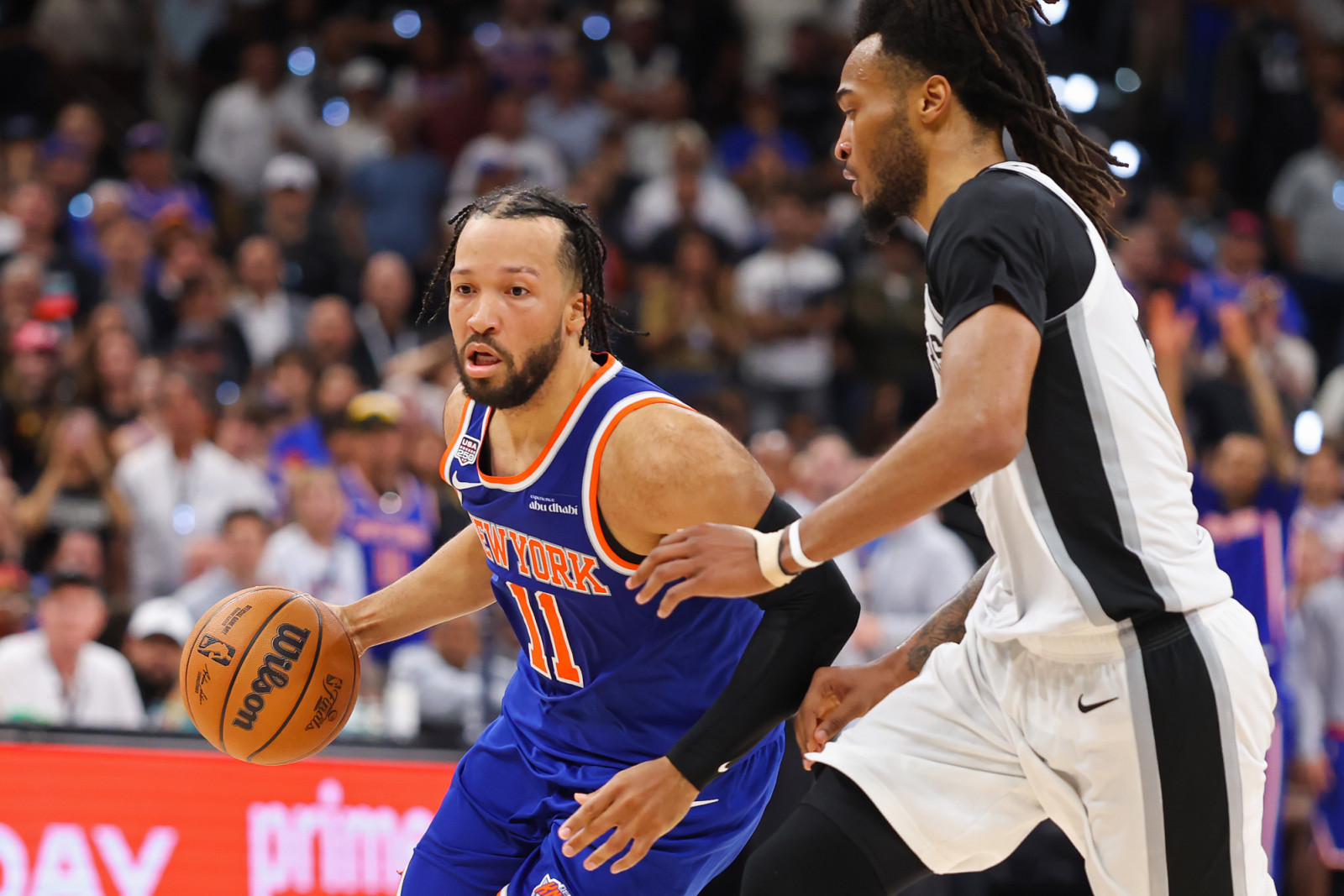 SAN ANTONIO, TEXAS - JUNE 13: Jalen Brunson #11 of the New York Knicks drives to the basket against Stephon Castle #5 of the San Antonio Spurs during the fourth quarter in Game Five of the 2026 NBA Finals at Frost Bank Center on June 13, 2026 in San Antonio, Texas. NOTE TO USER: User expressly acknowledges and agrees that, by downloading and or using this photograph, User is consenting to the terms and conditions of the Getty Images License Agreement. (Photo by Gregory Shamus/Getty Images)