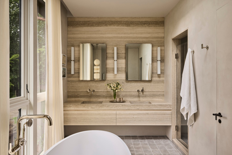 The primary bathroom of a family home in Westport, Connecticut designed by The 1818 Collective