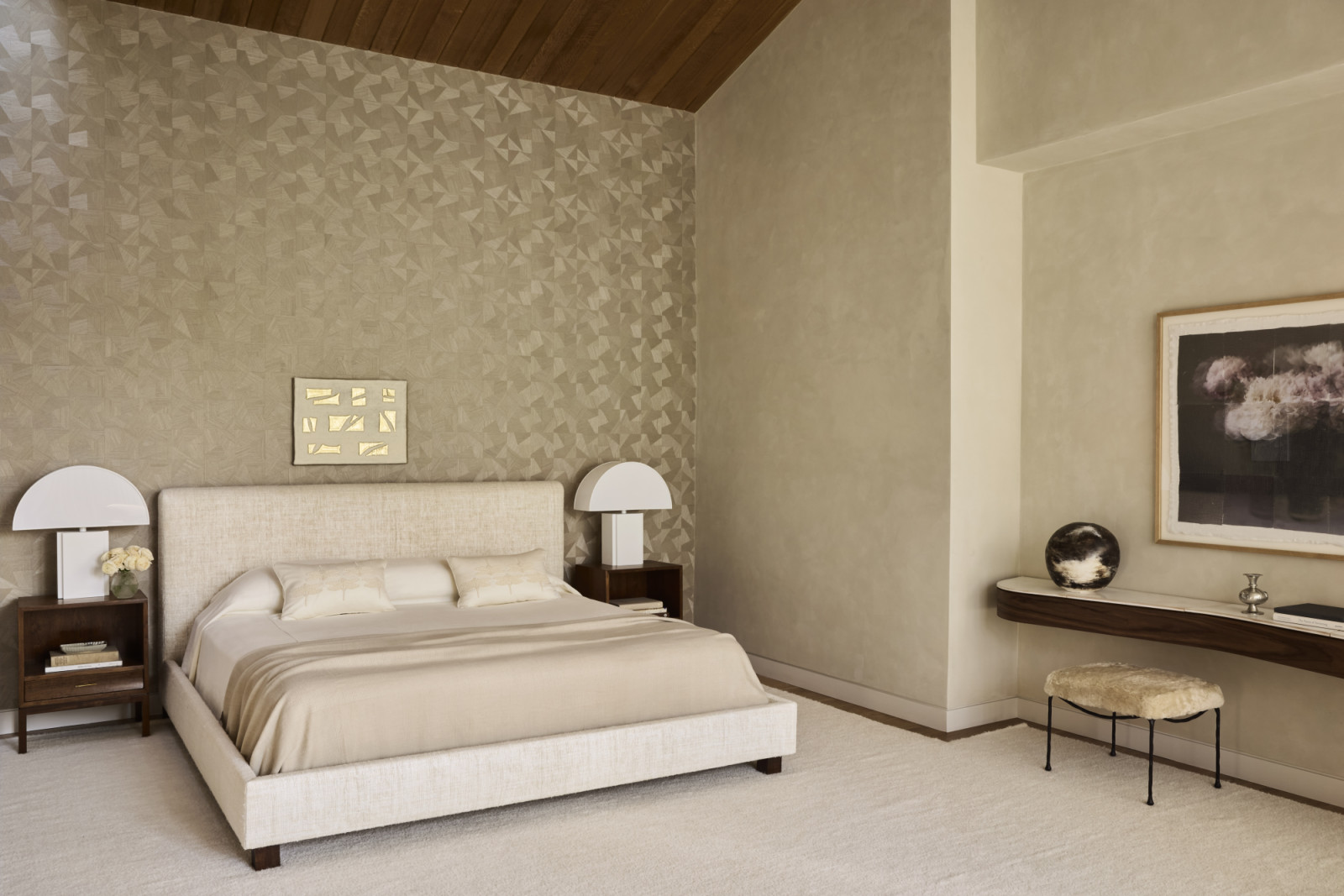 The primary bedroom of a family home in Westport, Connecticut designed by The 1818 Collective