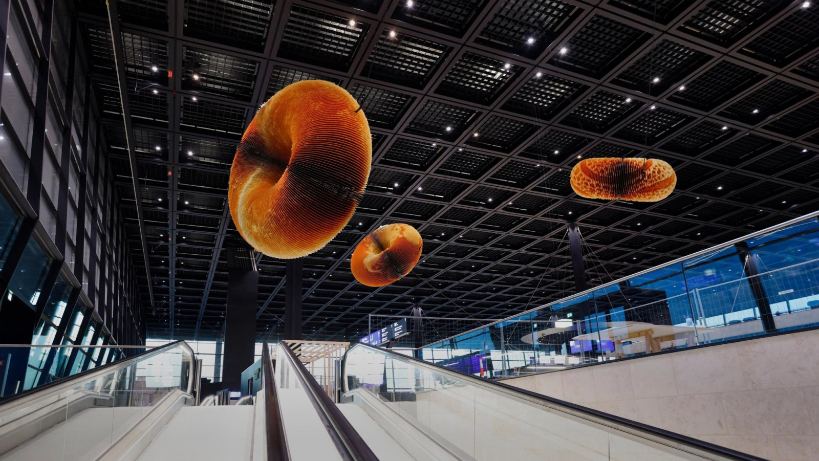 A detail of Terminal 3’s coffered ceiling structure at Frankfurt Airport, with grid-patterned skylights running above a glazed mezzanine level