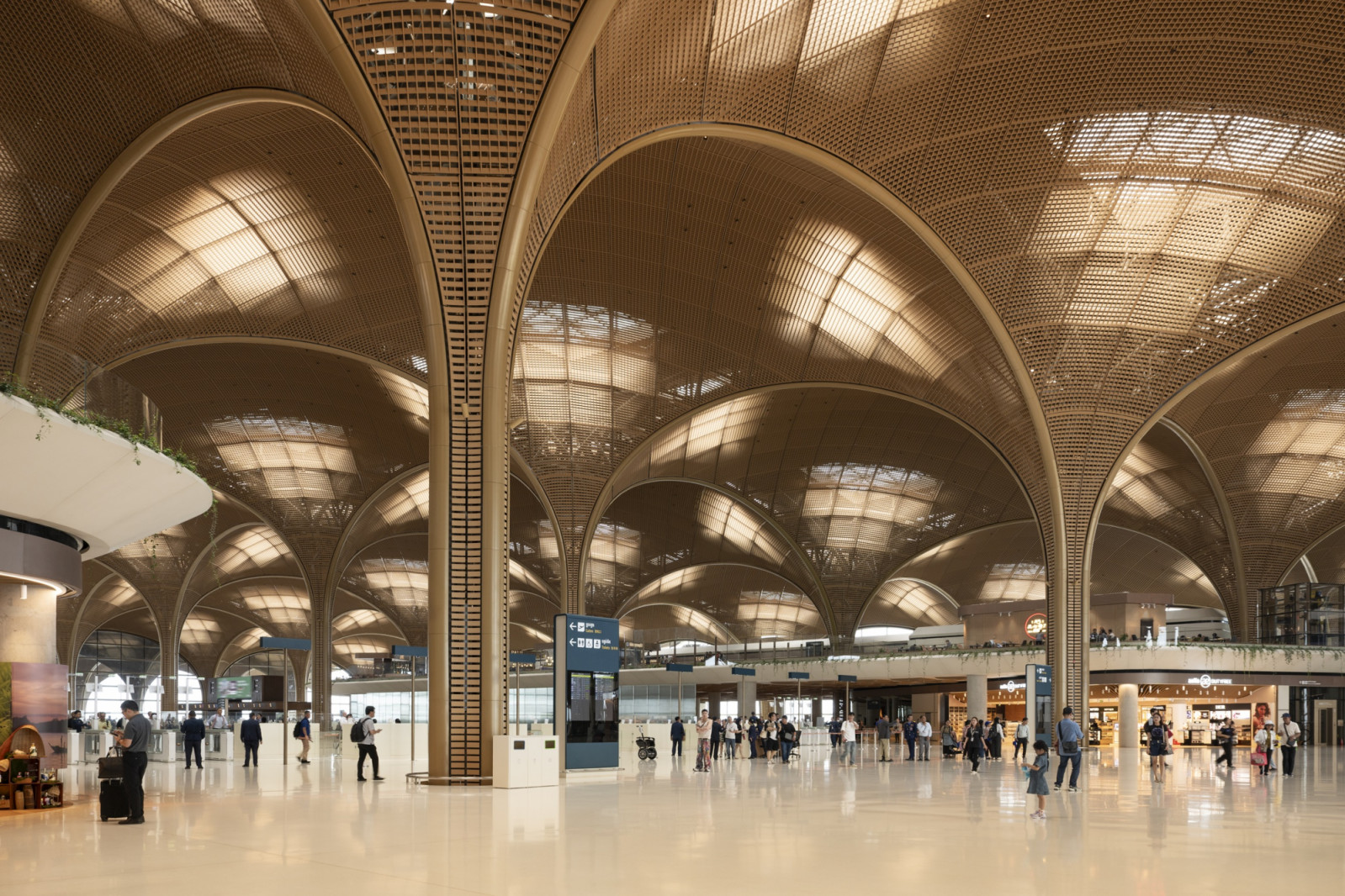 Inside Techo International Airport, a series of basket-woven roof canopies arches overhead, their lattice-like underside filtering daylight across the concourse below (Photo: Nigel Young)