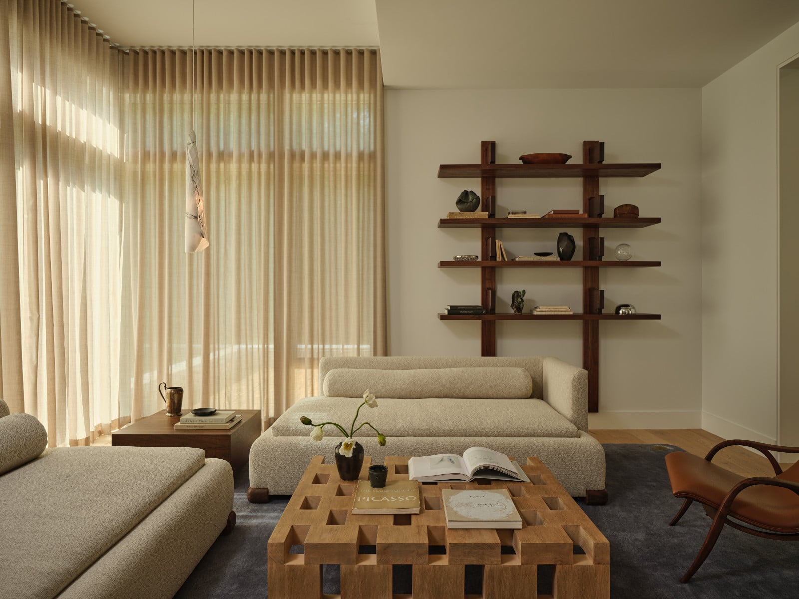 The living room of a family home in Weston, Massachusetts, designed by Sashya Thind