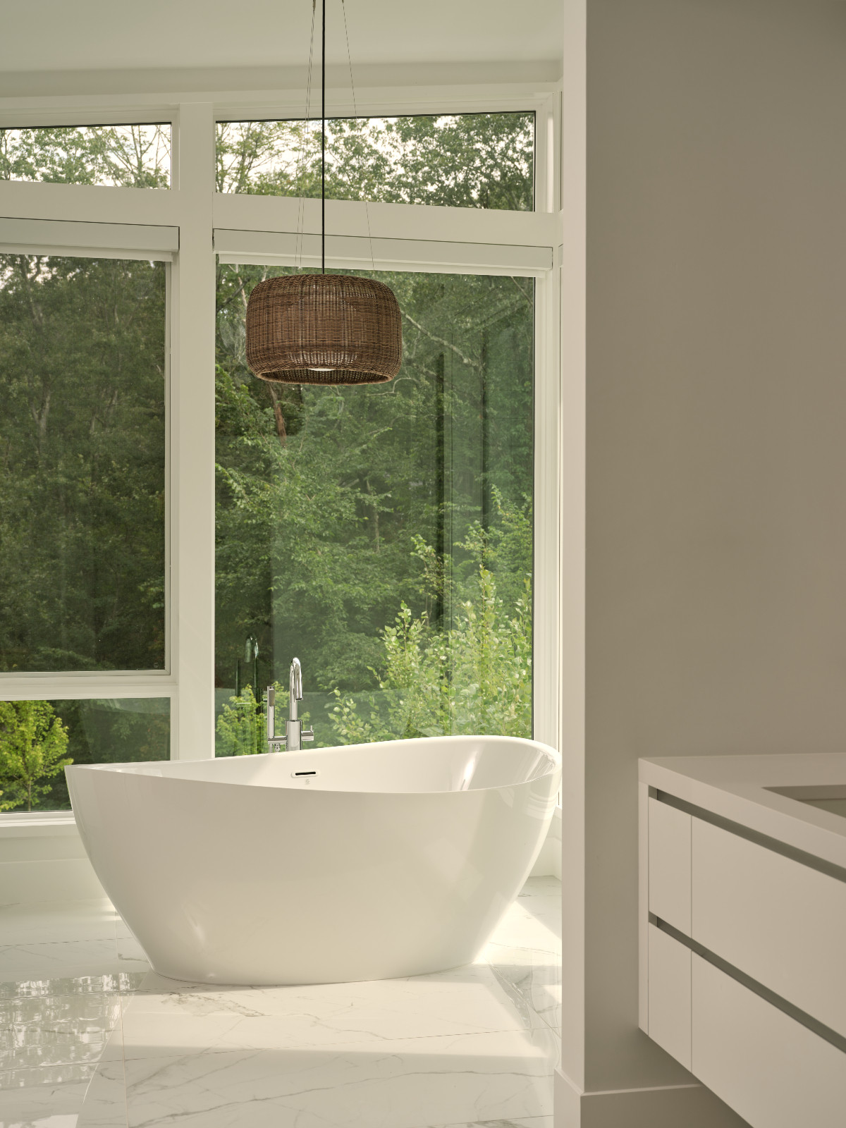 The bathroom of a family home in Weston, Massachusetts, designed by Sashya Thind