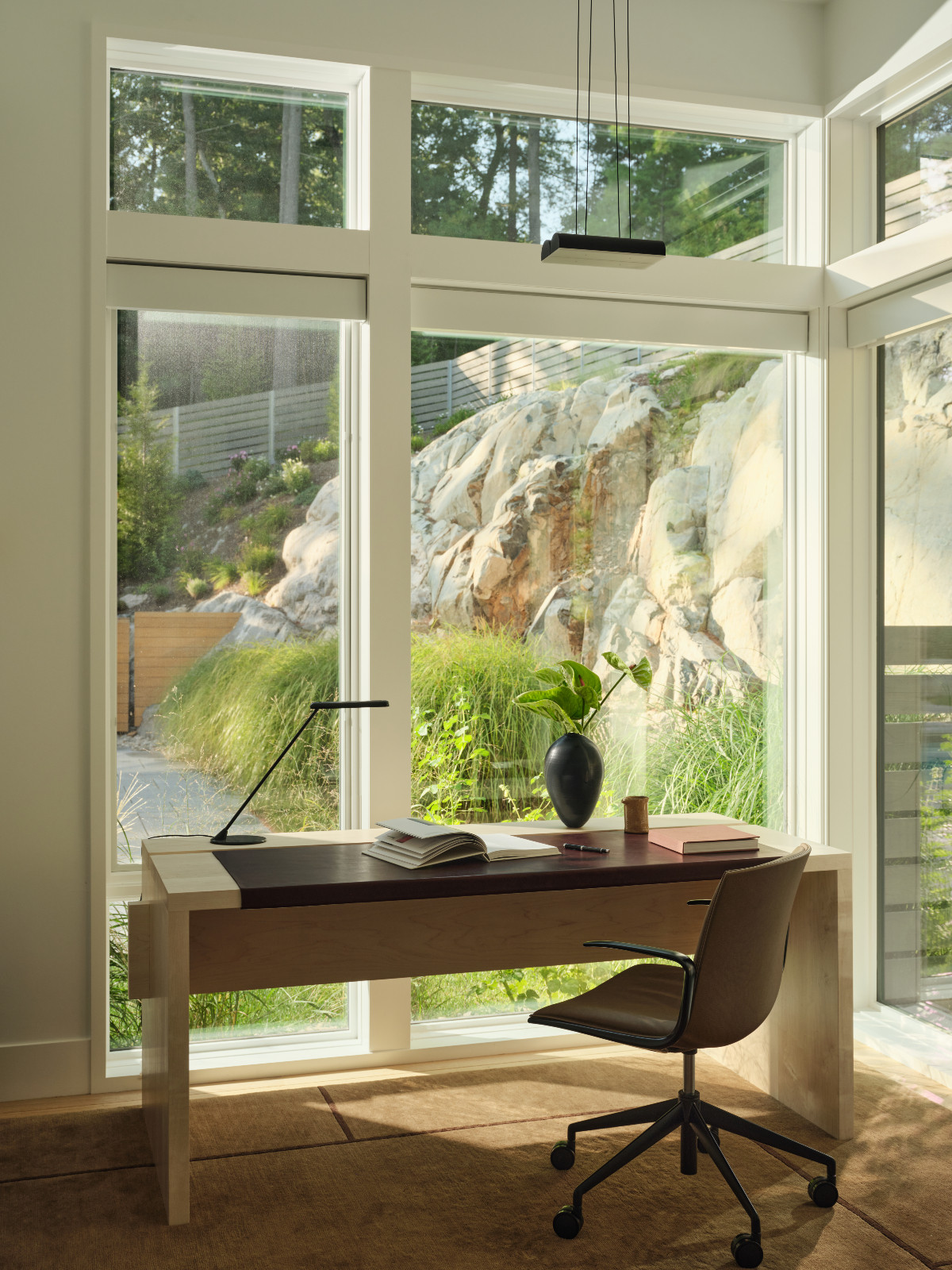The home office of a family home in Weston, Massachusetts, designed by Sashya Thind