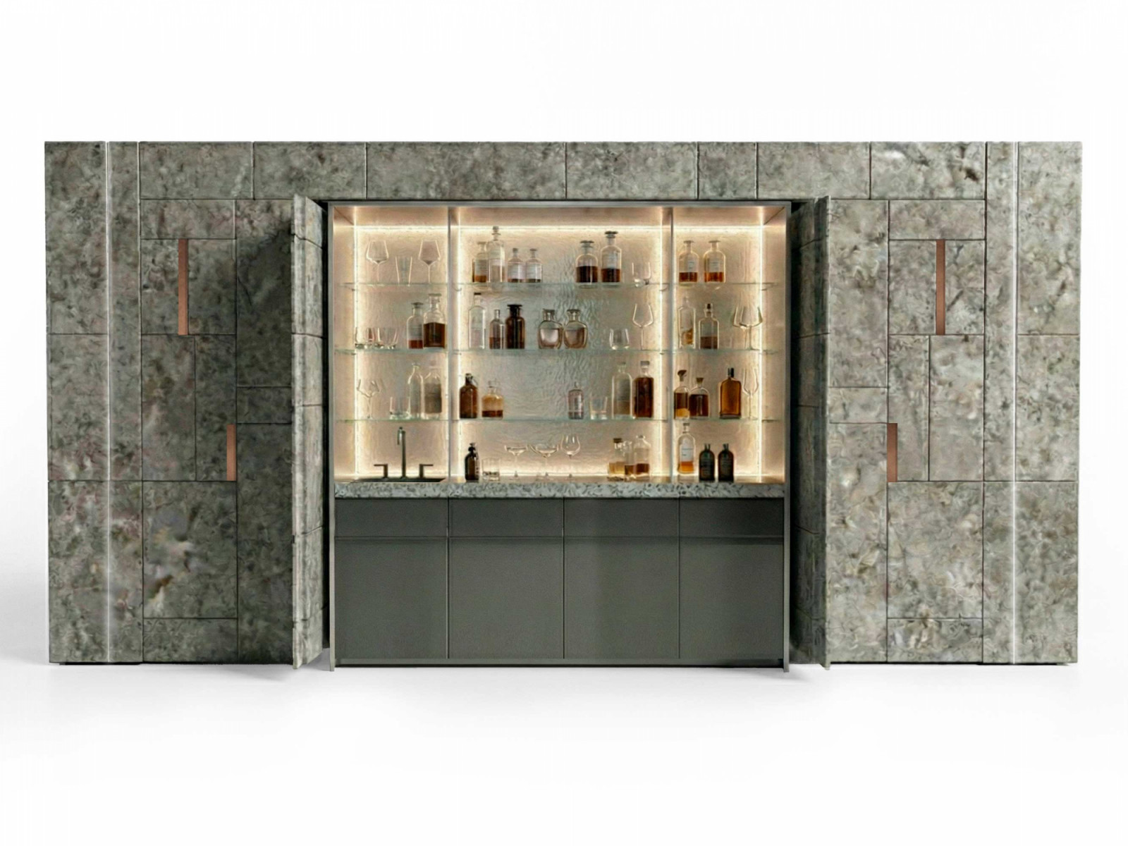 The Duncan kitchen by Alessandro La Spada for Visionnaire, with its oxidised metal mosaic wall sliding away to reveal a fully equipped bar within
