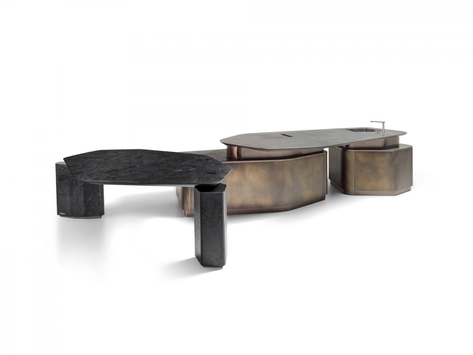 The Titan dining table by the same designer with Negresco marble on asymmetrical legs