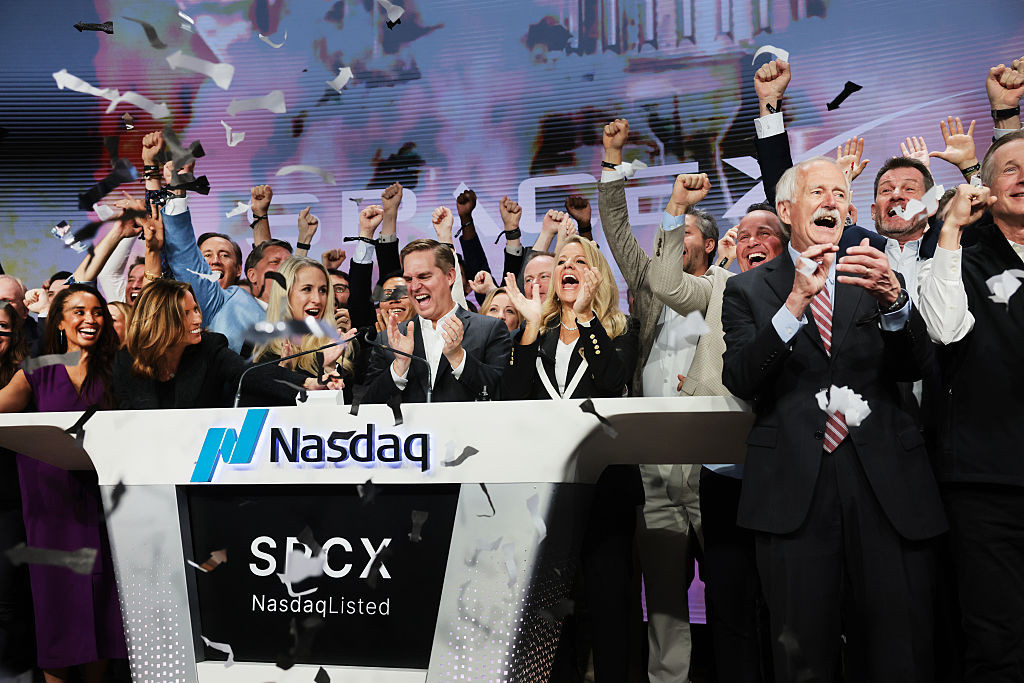 SpaceX President Gwynne Shotwell (center right) celebrates with family and other SpaceX employees at the Nasdaq Marketsite in Times Square during the launch of the SpaceX initial public offering (IPO) on the Nasdaq on June 12, 2026, in New York City. (Photo by Spencer Platt/Getty Images)