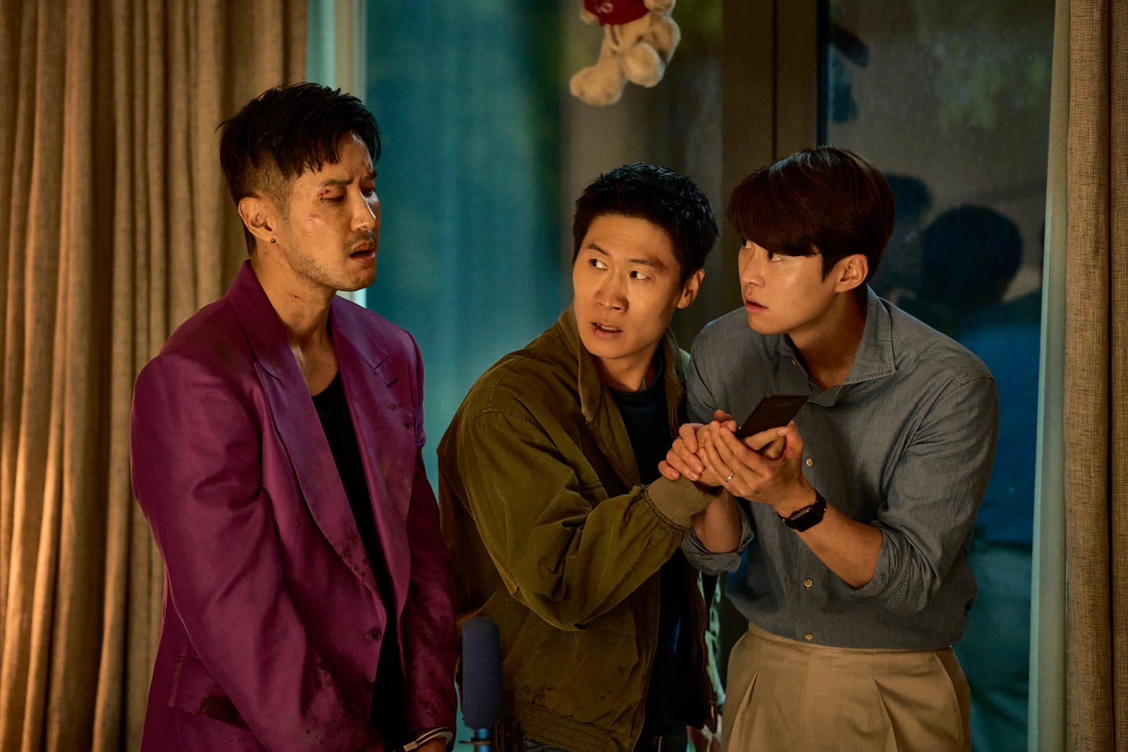Husbands in Action (L to R) Kim Ji-suk as Ma Do-jun, Jin Sun-kyu as Choong-sik, Gong Myoung as Min-seok in Husbands in Action Cr. Cho Wonjin/Netflix © 2026