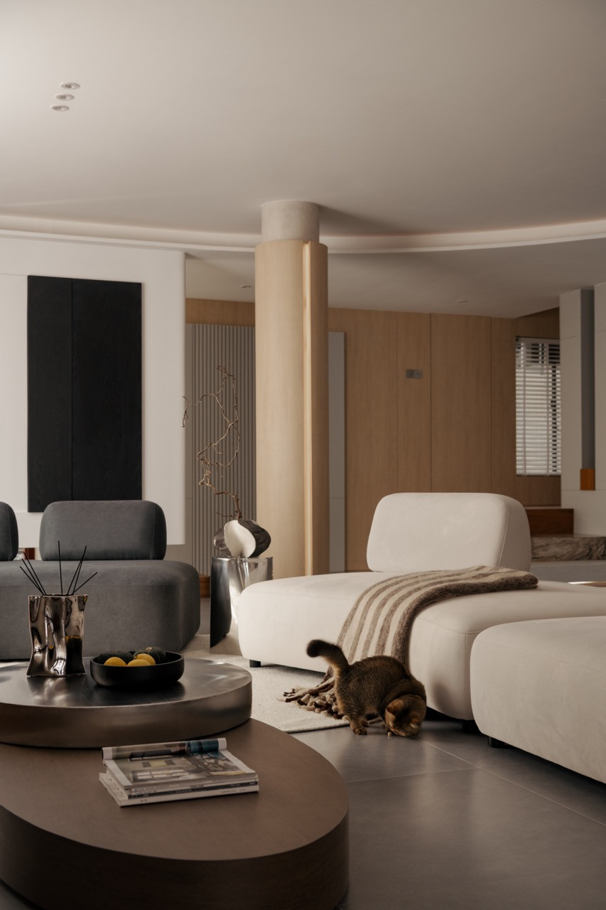 The living area with modular sofas in cream and grey, a round tiered coffee table, and the curved ceiling overhead; the family cat occupies the floor between the seating