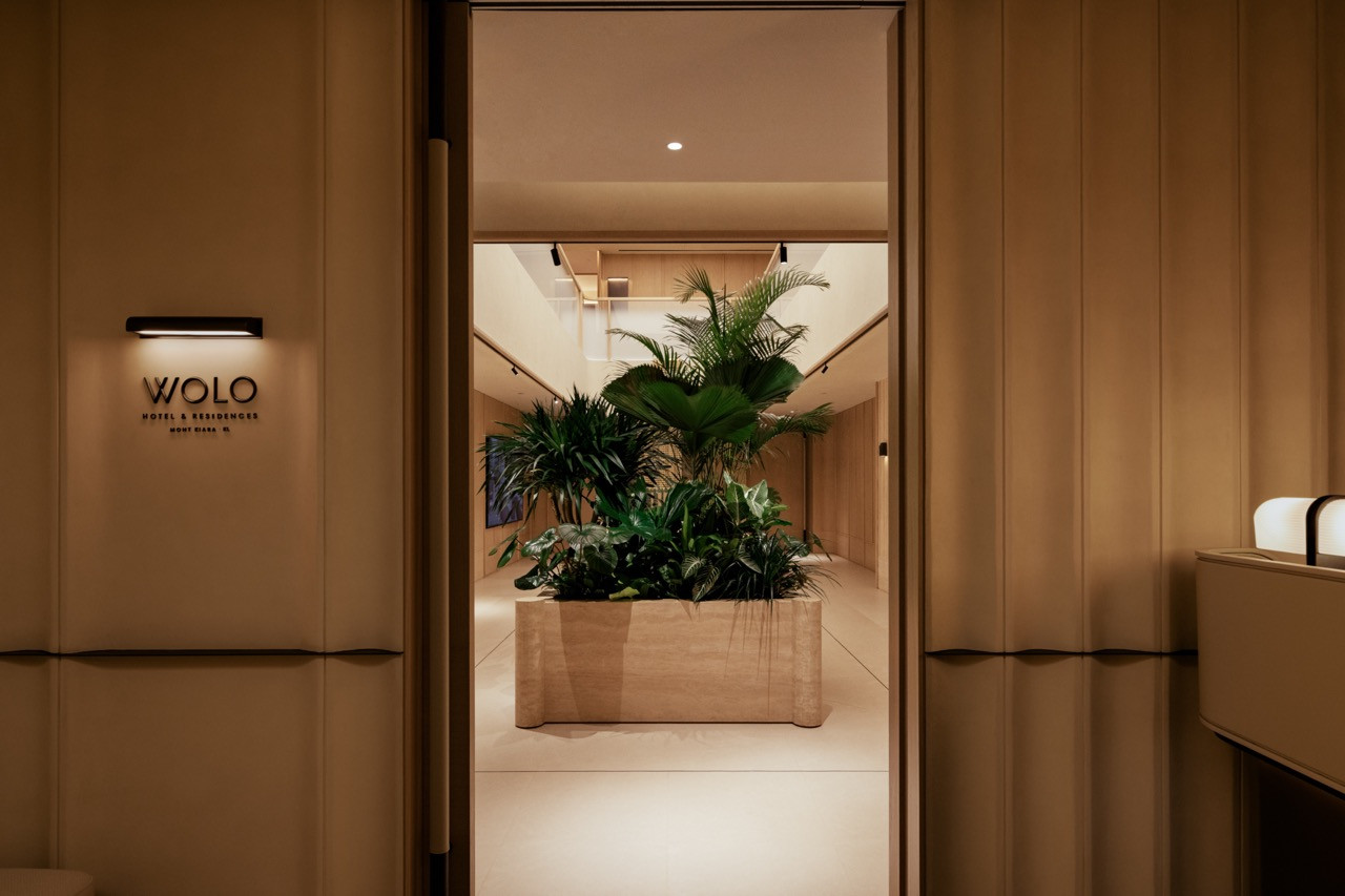 The entrance to the Wolo Experience Lounge, where a travertine planter anchors the arrival sequence
