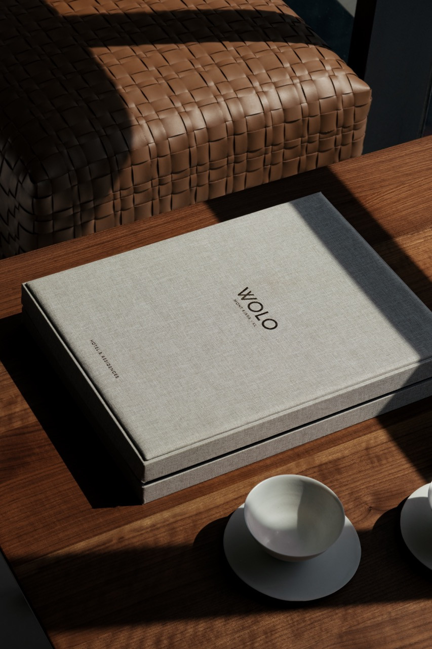 Wolo Mont Kiara KL coffee table book, with the Bangkok ottoman by Flexform in the background, upholstered in woven cognac leather