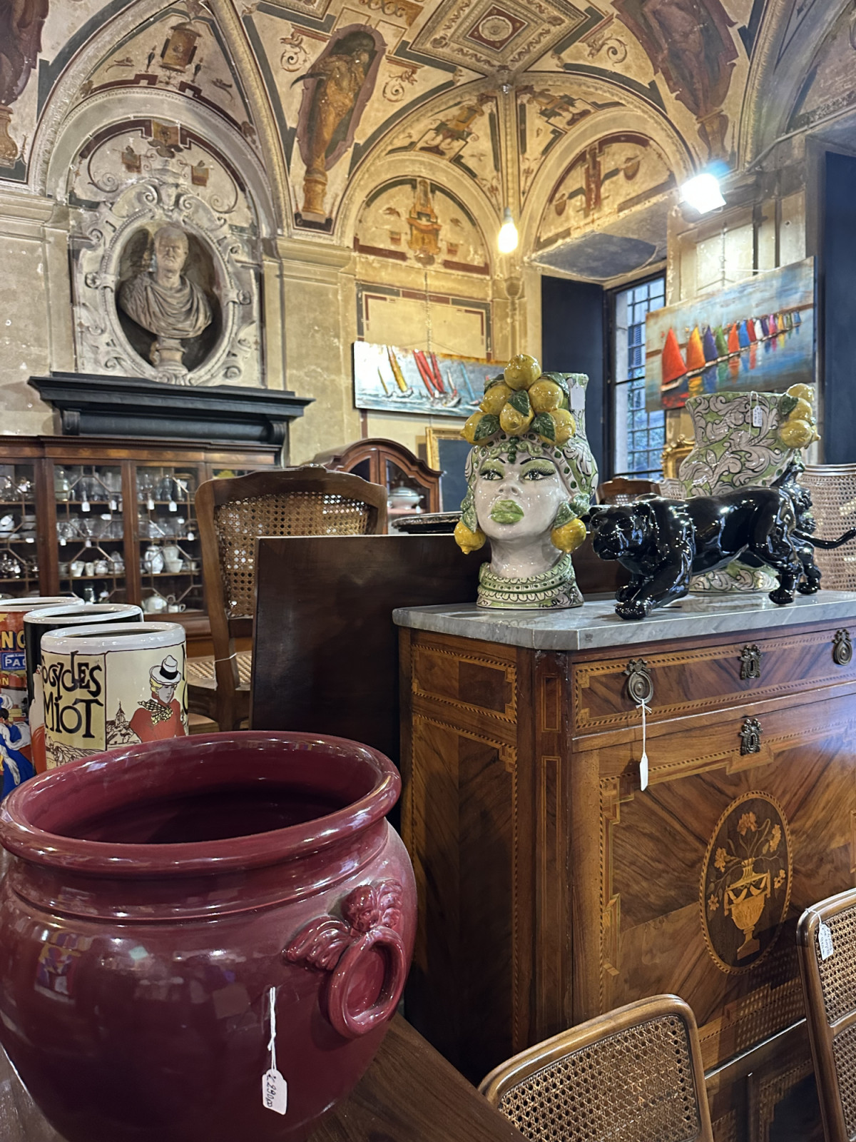 Jars and other rare furniture pieces at Galleria Imperiale Antichita in Genoa, Italy