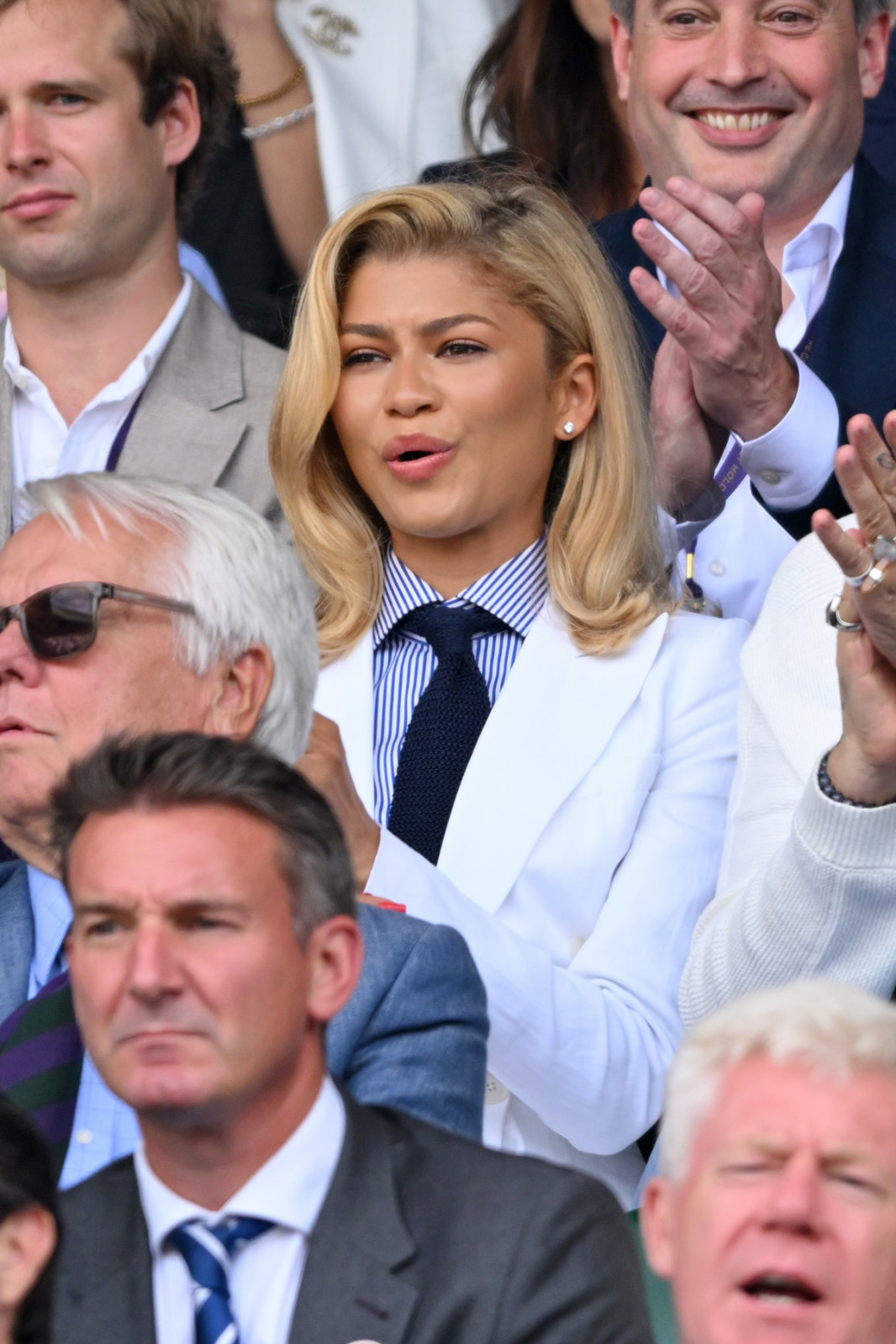LONDON, ENGLAND - JULY 14: Zendaya, wearing Ralph Lauren, court-side of Centre Court during the men's final on day fourteen of the Wimbledon Tennis Championships at the All England Tennis and Croquet Club on at Wimbledon on July 14, 2024 in London, England. (Photo by Karwai Tang/WireImage)
