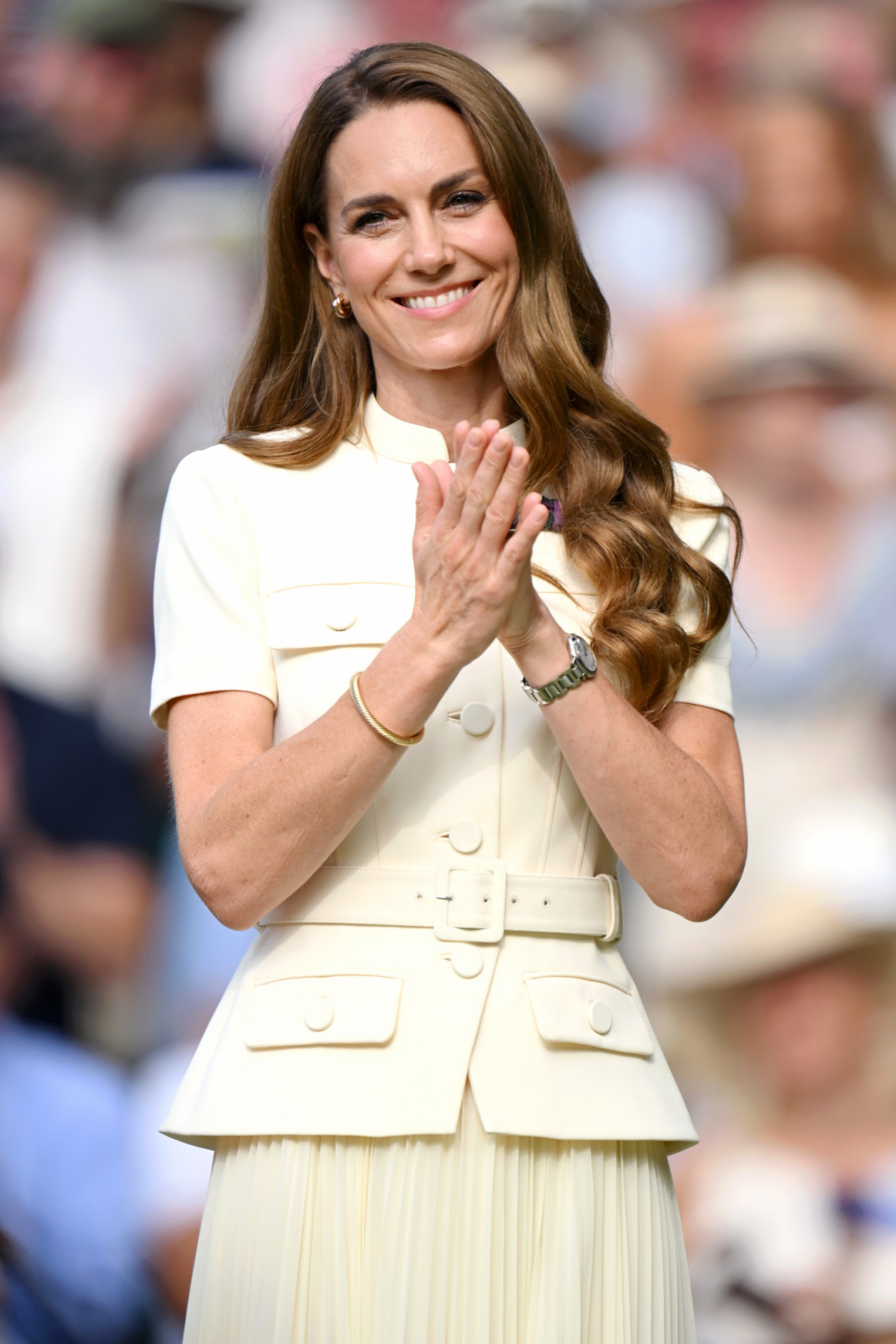 LONDON, ENGLAND - JULY 12: Catherine, Princess of Wales attends day thirteen of the Wimbledon Tennis Championships at the All England Lawn Tennis and Croquet Club at All England Lawn Tennis and Croquet Club on July 12, 2025 in London, England. (Photo by Karwai Tang/WireImage)