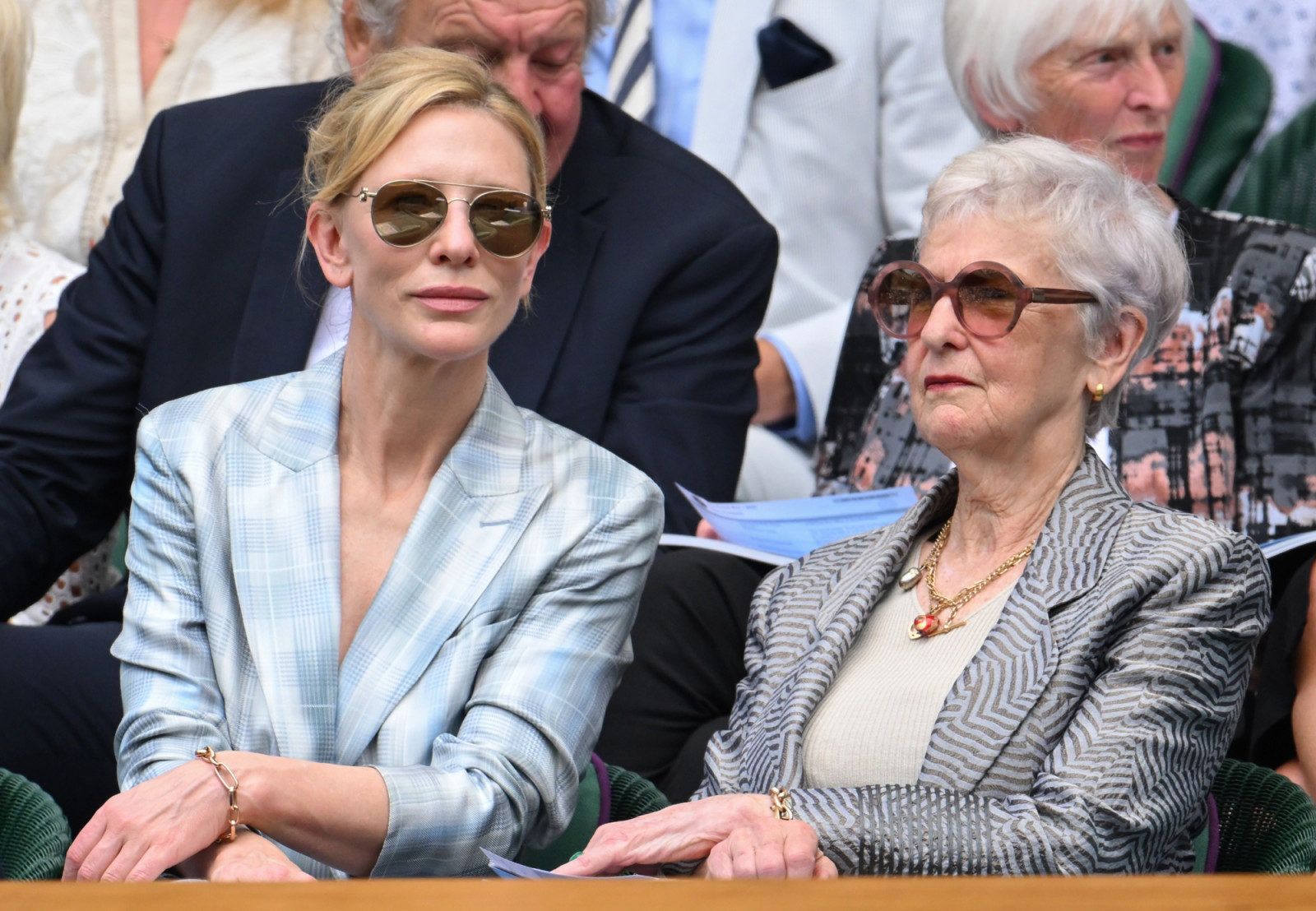 LONDON, ENGLAND - JULY 01: Cate Blanchett with her mother June Blanchett attend day two of the Wimbledon Tennis Championships at the All England Lawn Tennis and Croquet Club on July 01, 2025 in London, England. (Photo by Karwai Tang/WireImage)