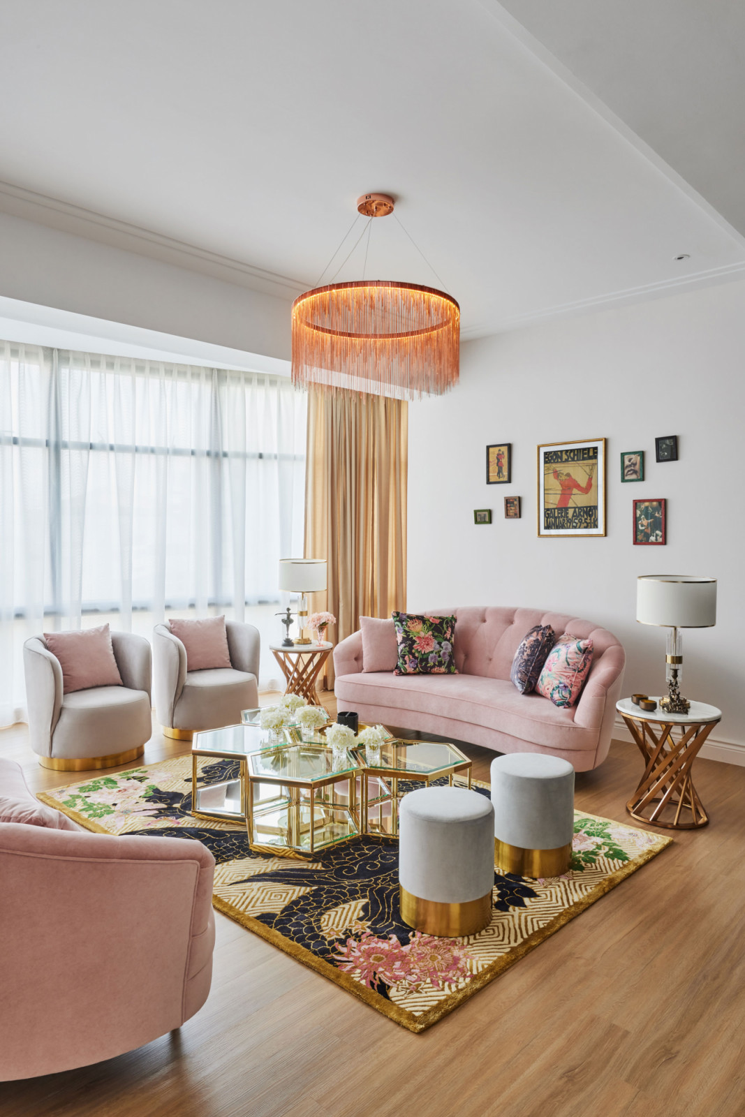 Whimsical and unexpected elements, such as this tassel lamp, softens the formality often associated with Art Deco interiors