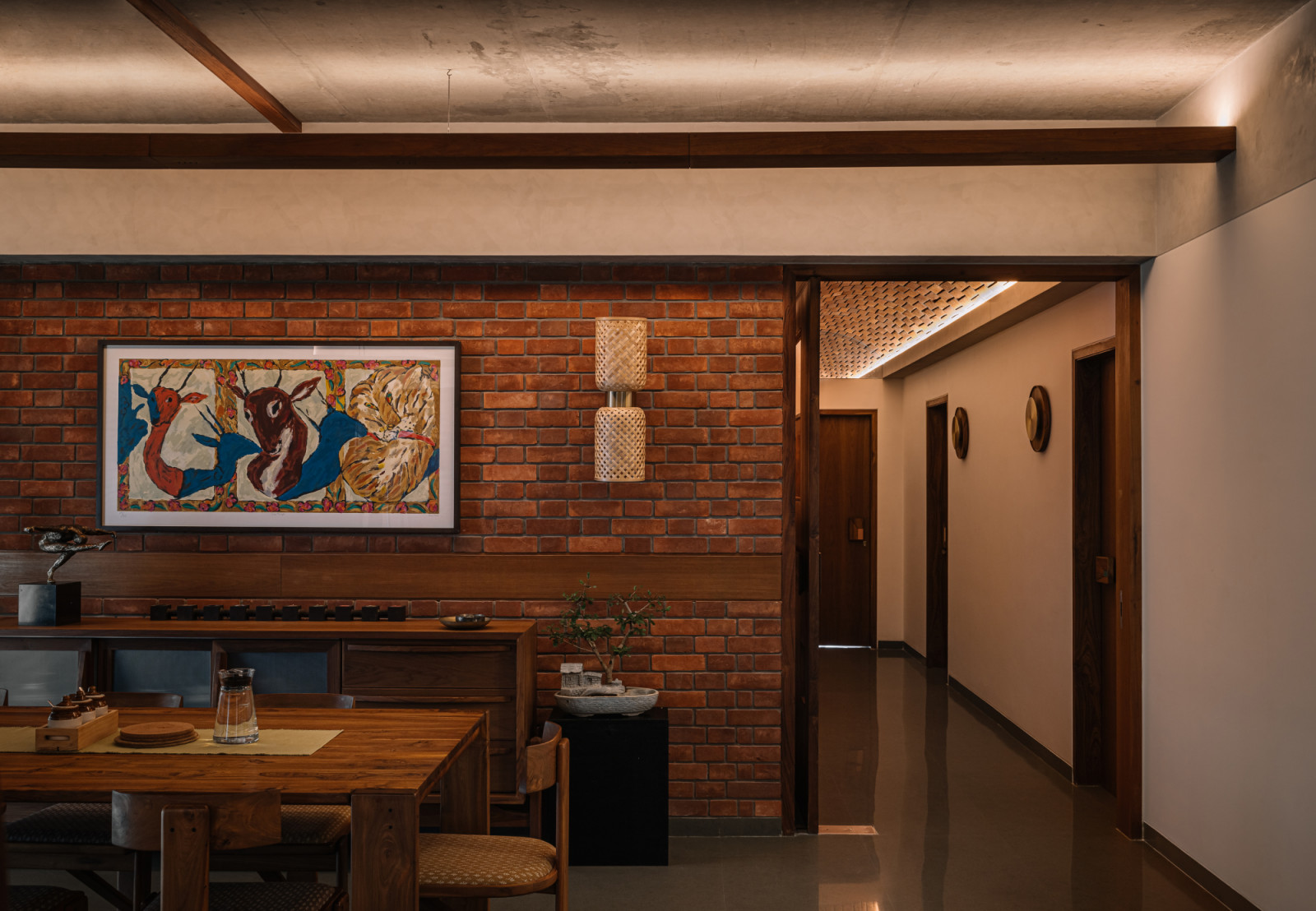 The living room in a Corbusian-inspired family apartment in Ahmedabad, India, designed by Studio Saransh