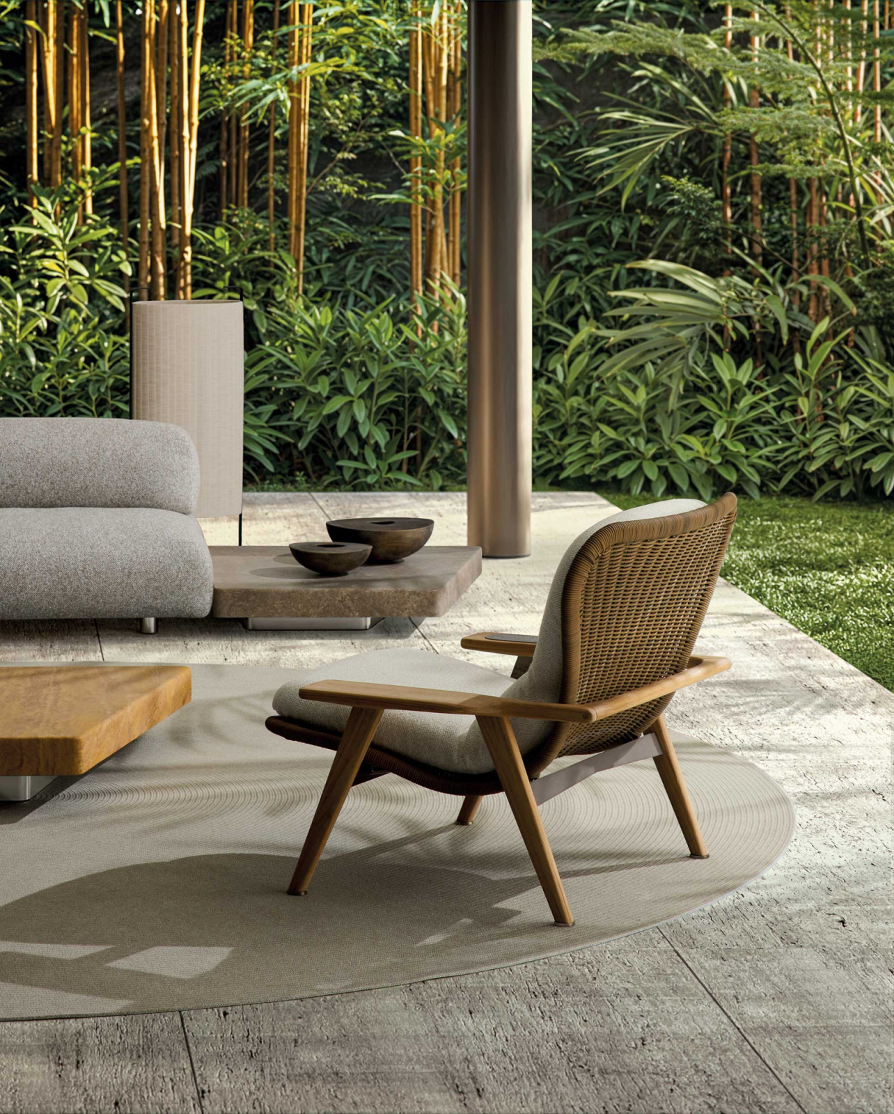 Minotti’s Elas Cord Outdoor by Marcio Kogan features wicker-effect woven fibre