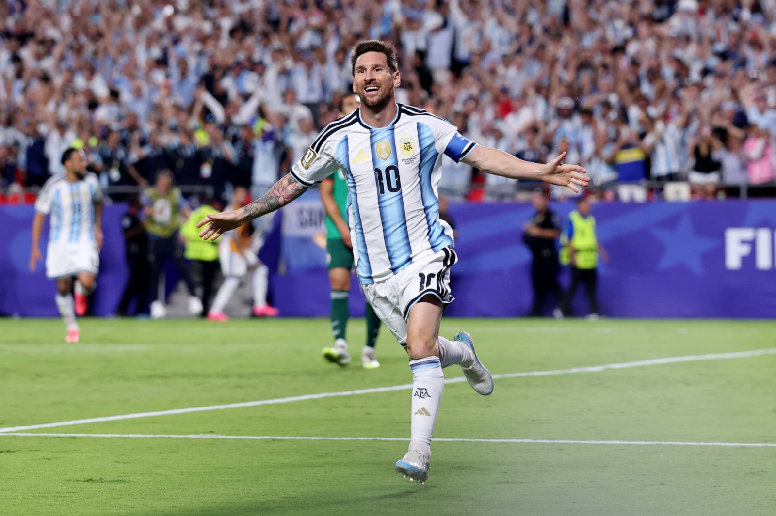KANSAS CITY, MISSOURI - JUNE 16: Lionel Messi #10 of Argentina celebrates scoring his team's second goal during the FIFA World Cup 2026 Group J match between Argentina and Algeria at Kansas City Stadium on June 16, 2026 in Kansas City, Missouri. (Photo by Michael Steele/Getty Images)