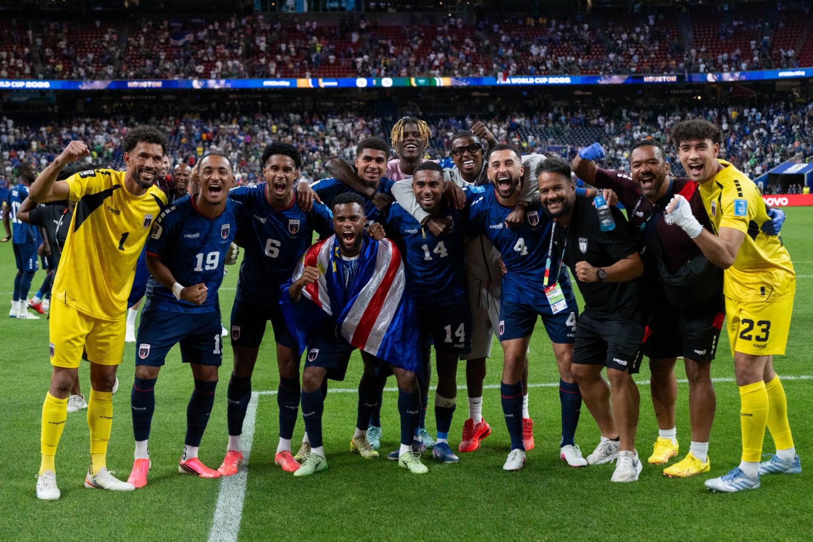 HOUSTON, TEXAS - JUNE 26: Players of Cabo Verde celebrate during the FIFA World Cup 2026 Group H match between Cabo Verde and Saudi Arabia at Houston Stadium on June 26, 2026 in Houston, United States. (Photo by Sebastian Frej/Getty Images)