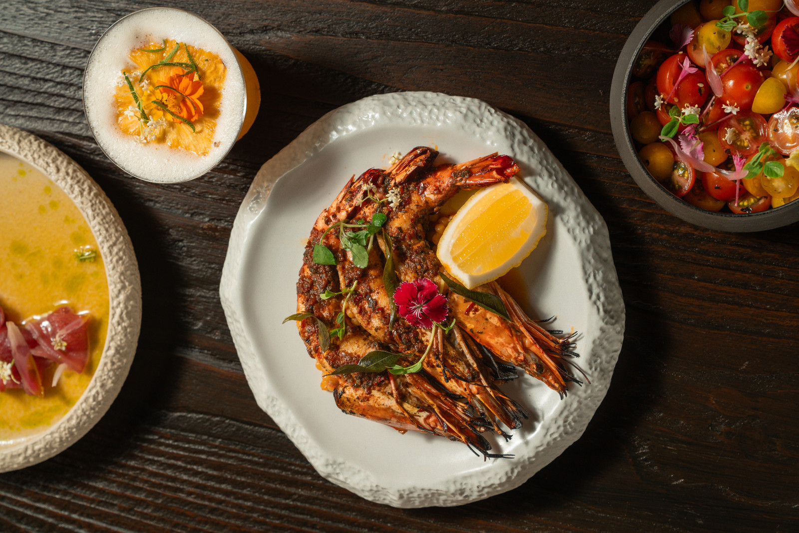 Grilled Papuan Prawn, finished with sofrito, fregola, lemon, and chilli salsa