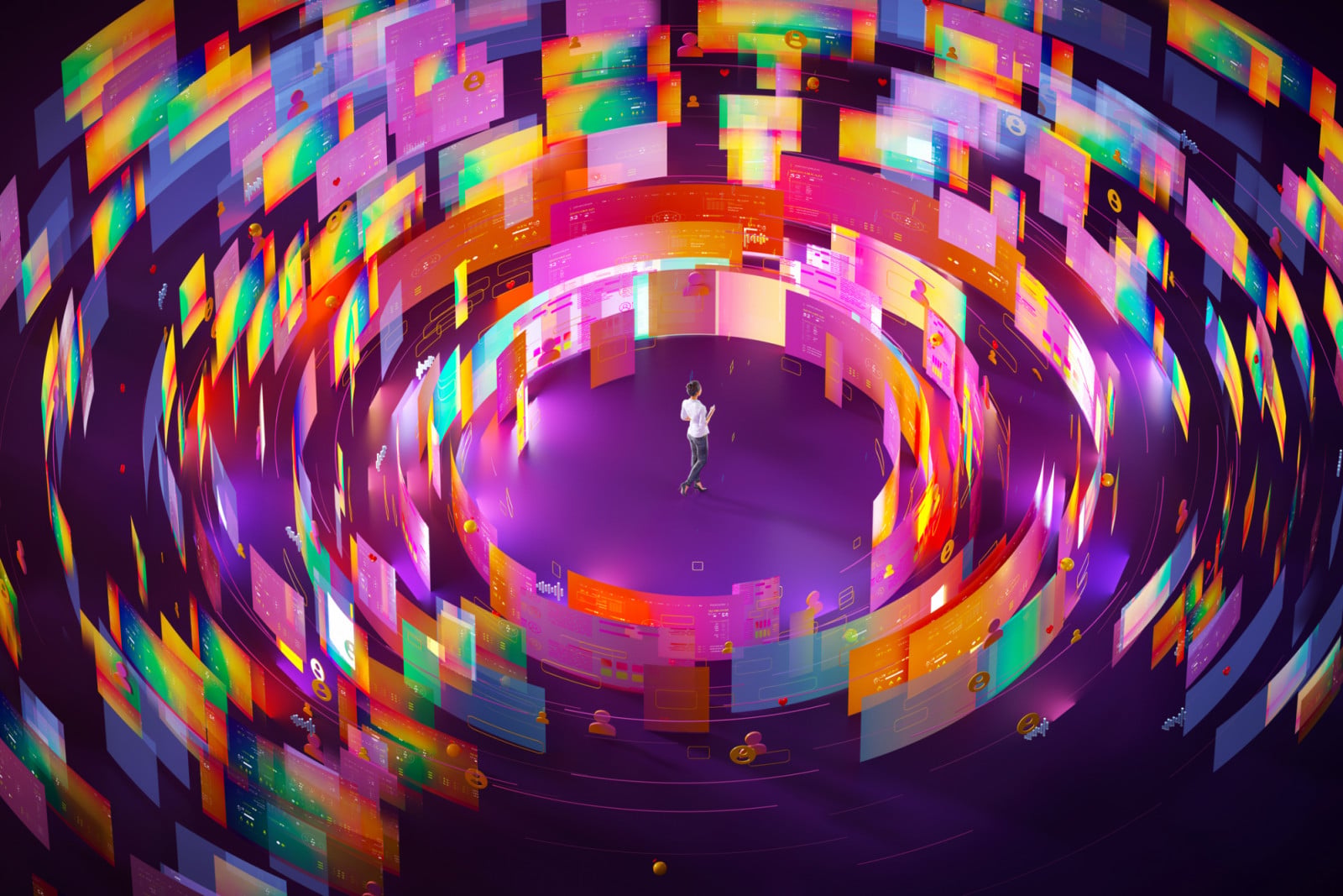 An illustration of a woman navigating a high-tech world of pages, people, start-ups, and more. (Photo: Getty)