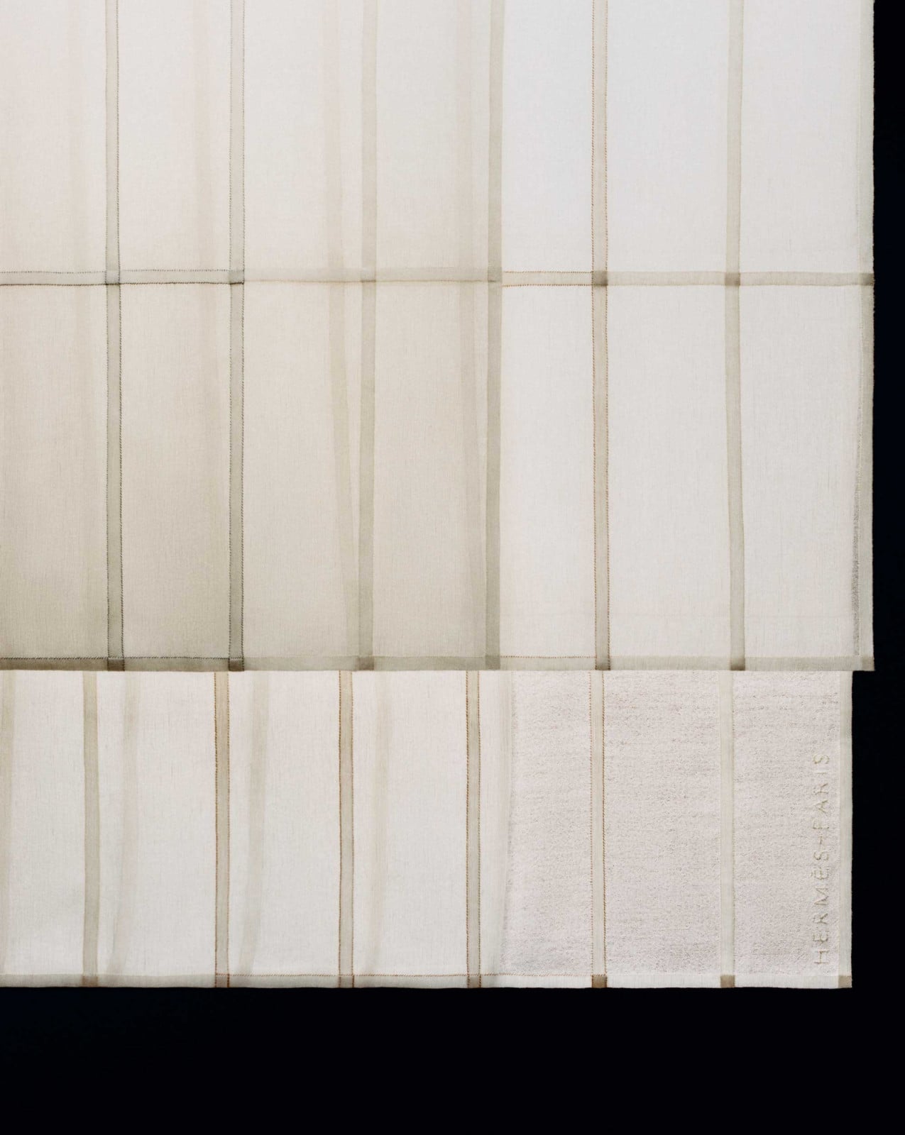 The H Letter throw prototype by Hyunjee Jung in hand-woven linen voile and cashmere, sewn using the traditional Korean bojagi technique